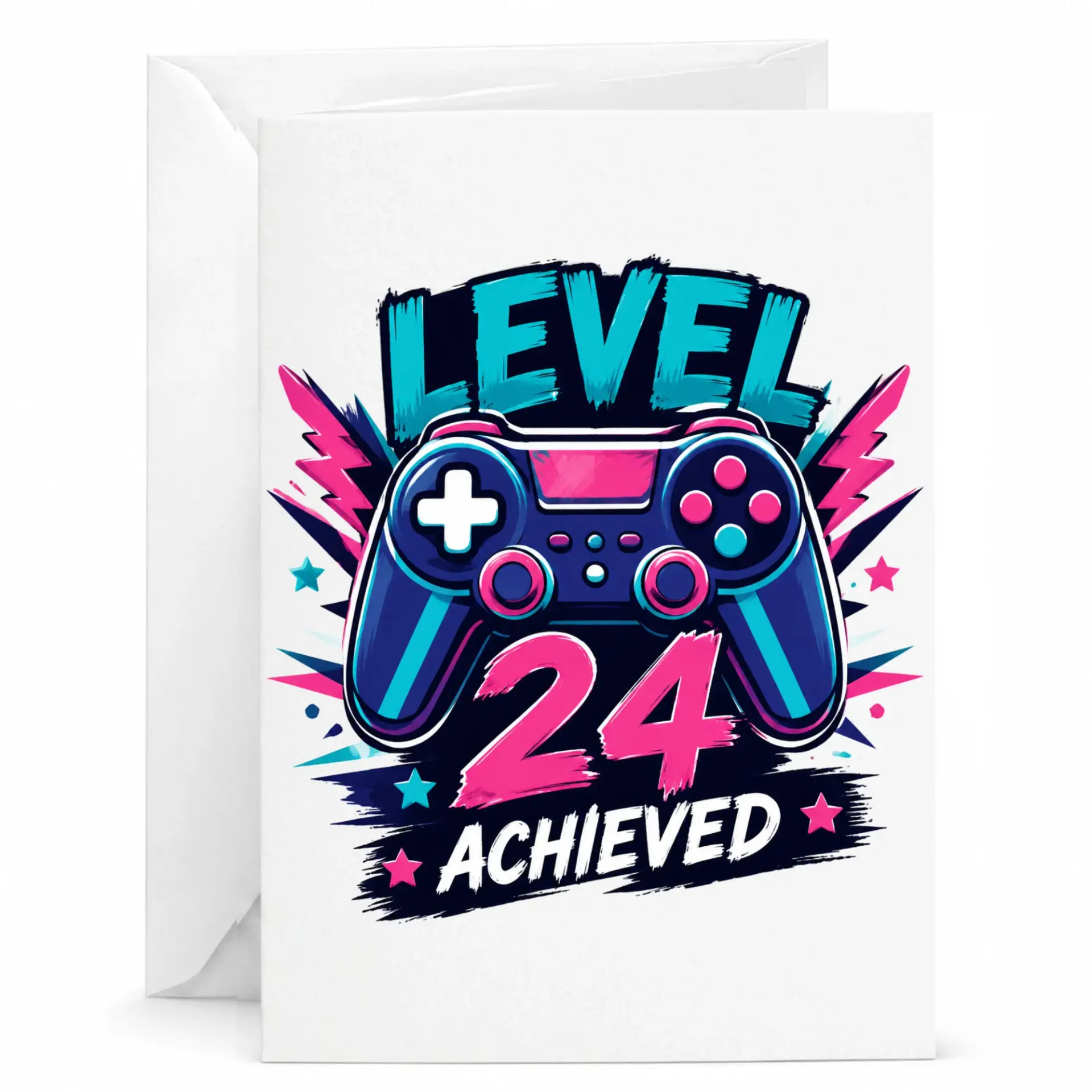 Level 24 Achieved Birthday Card, Video Game Theme Greeting Card for 24th Birthday Milestone, 5x7 Inch Stationary
