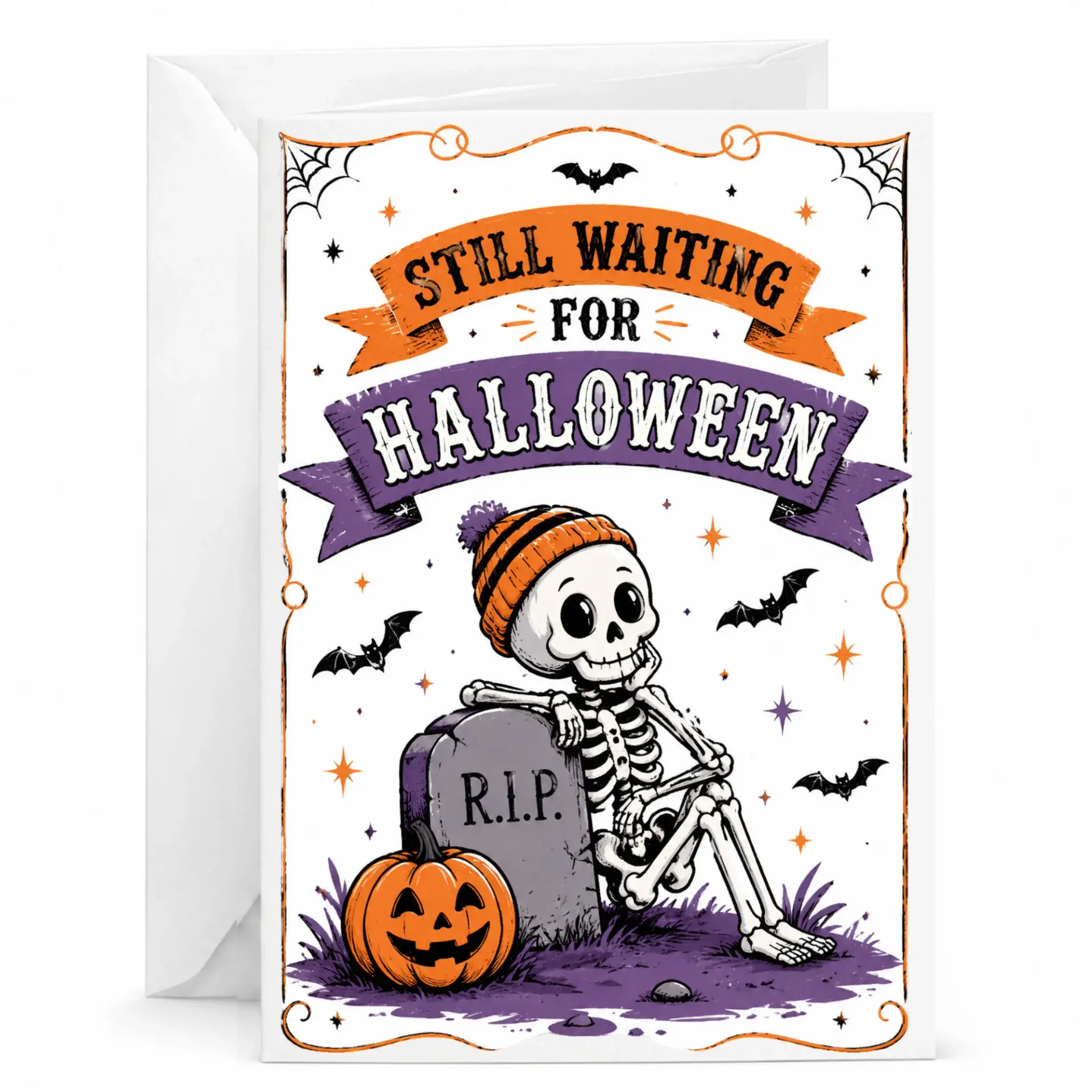 Funny Halloween Greeting Card Still Waiting for Spooky Skeleton Illustration with Envelope Seasonal Humor