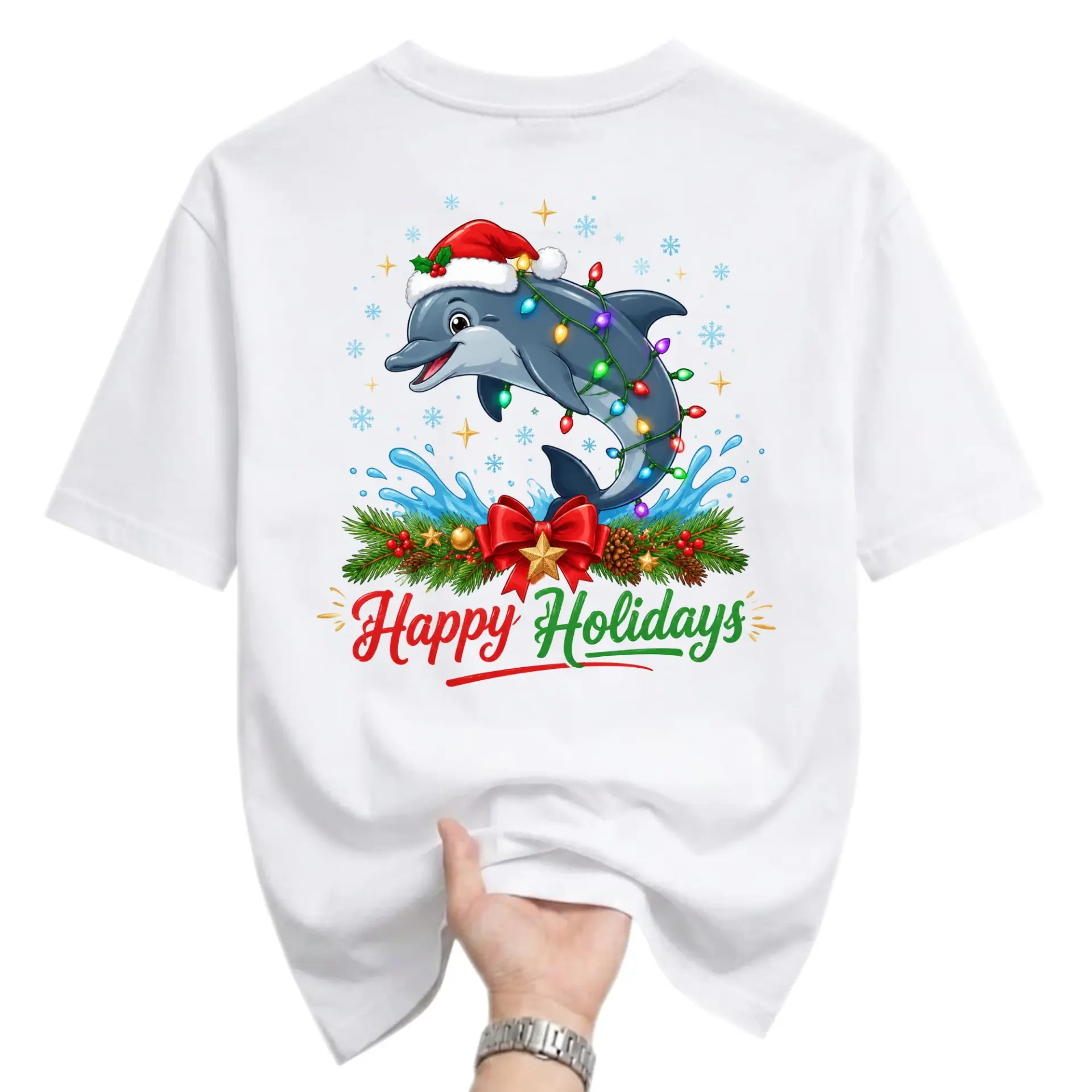 Graphic Tee Happy Holidays Dolphin Christmas T-Shirt Unisex Casual Crew