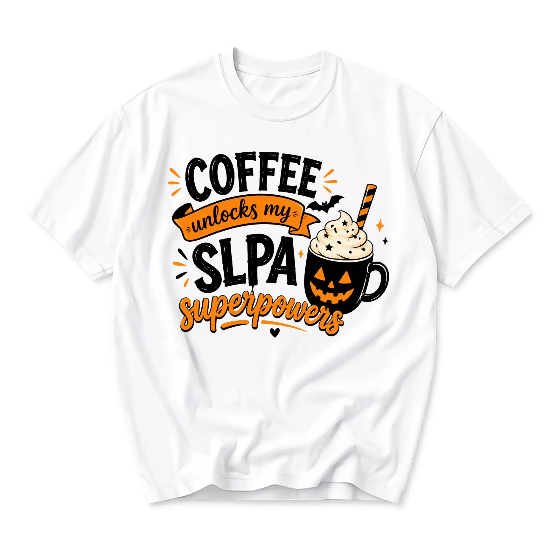 Funny Shirt Coffee Unlocks My Slpa Superpowers Graphic Tee Retro Halloween Pumpkin Mug Unisex Casual Everyday Top