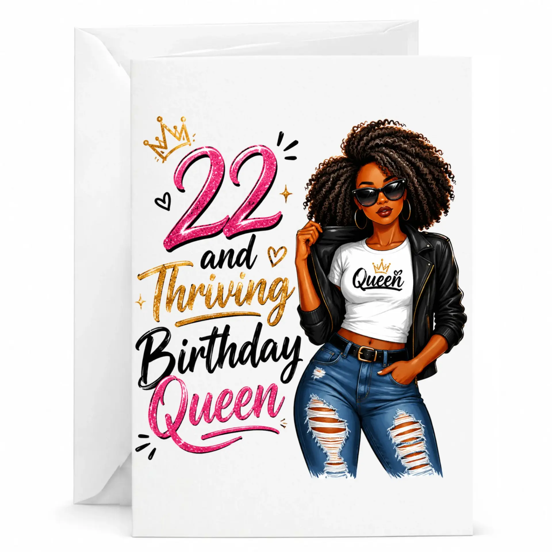 Birthday Card 22 and Thriving Birthday Queen Illustration for Her Stylish Celebration Greeting and Keepsake