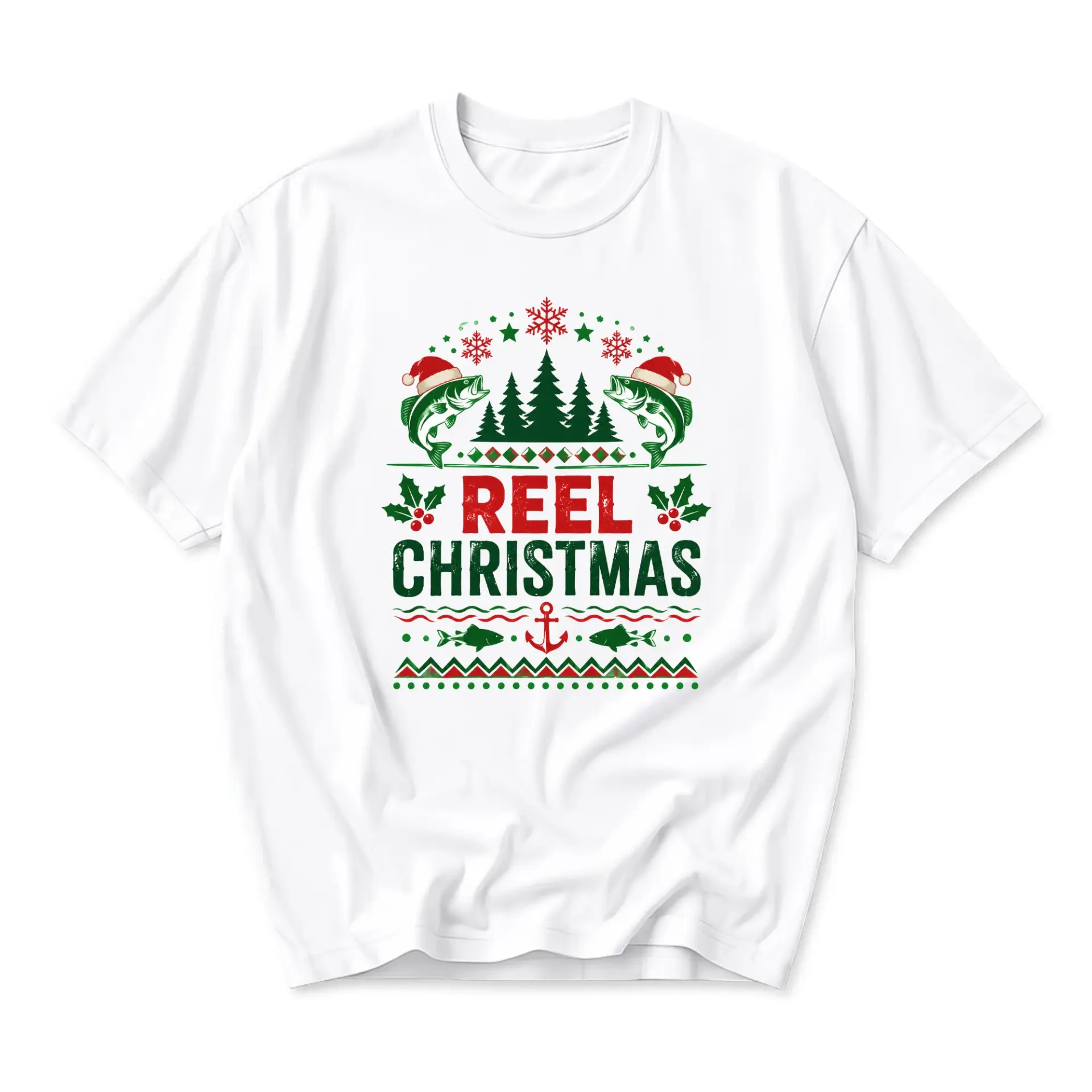 Funny Shirt Reel Christmas Fishing Graphic Tee Unisex Short Sleeve Crew