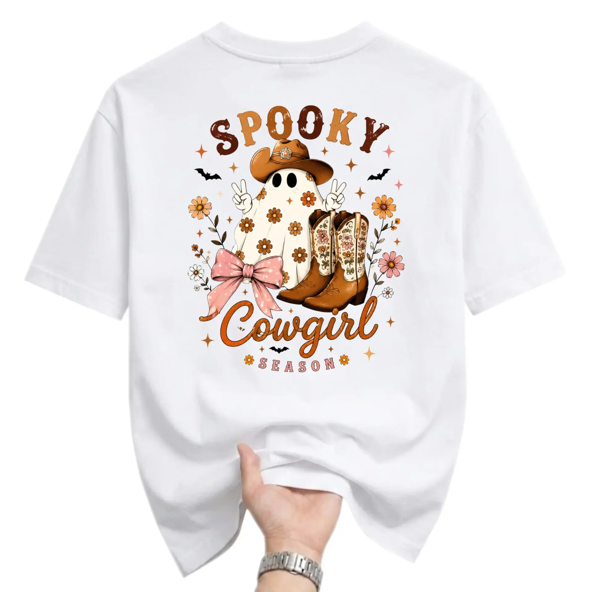 Graphic Tee Spooky Cowgirl Season Western Ghost Shirt Retro Floral Cowboy Boots Aesthetic Unisex Cotton Crew Neck