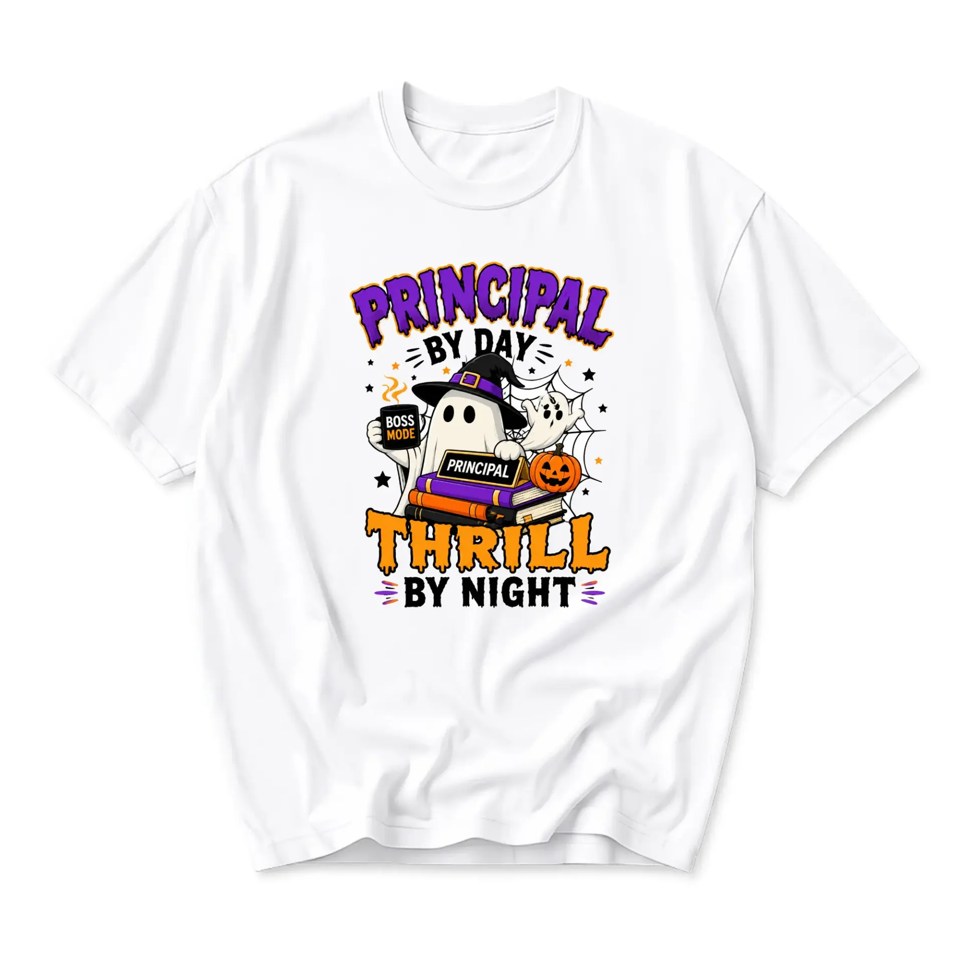 Funny Shirt Principal by Day Thrill by Night Halloween Ghost Graphic Tee Unisex Casual Short Sleeve Cotton Top