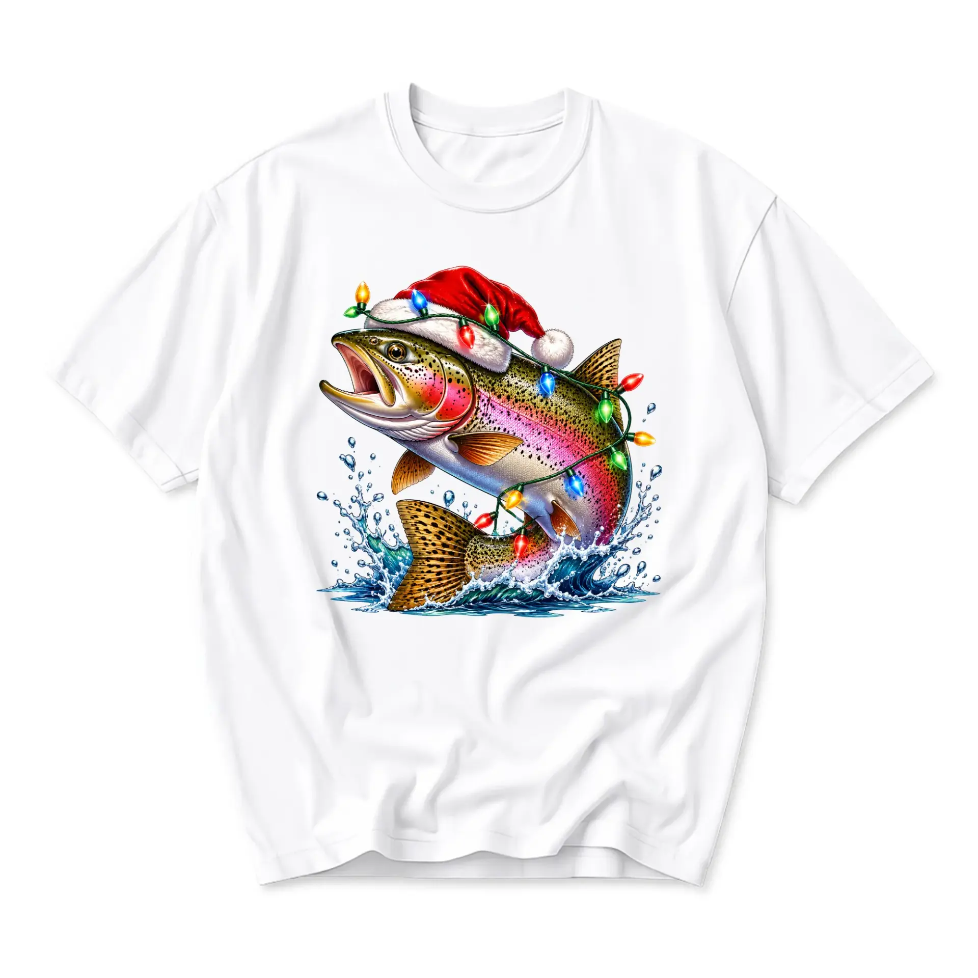 Graphic Tee Christmas Fishing Shirt Featuring a Festive Rainbow Trout Wearing a Santa Hat with Colorful Holiday Lights