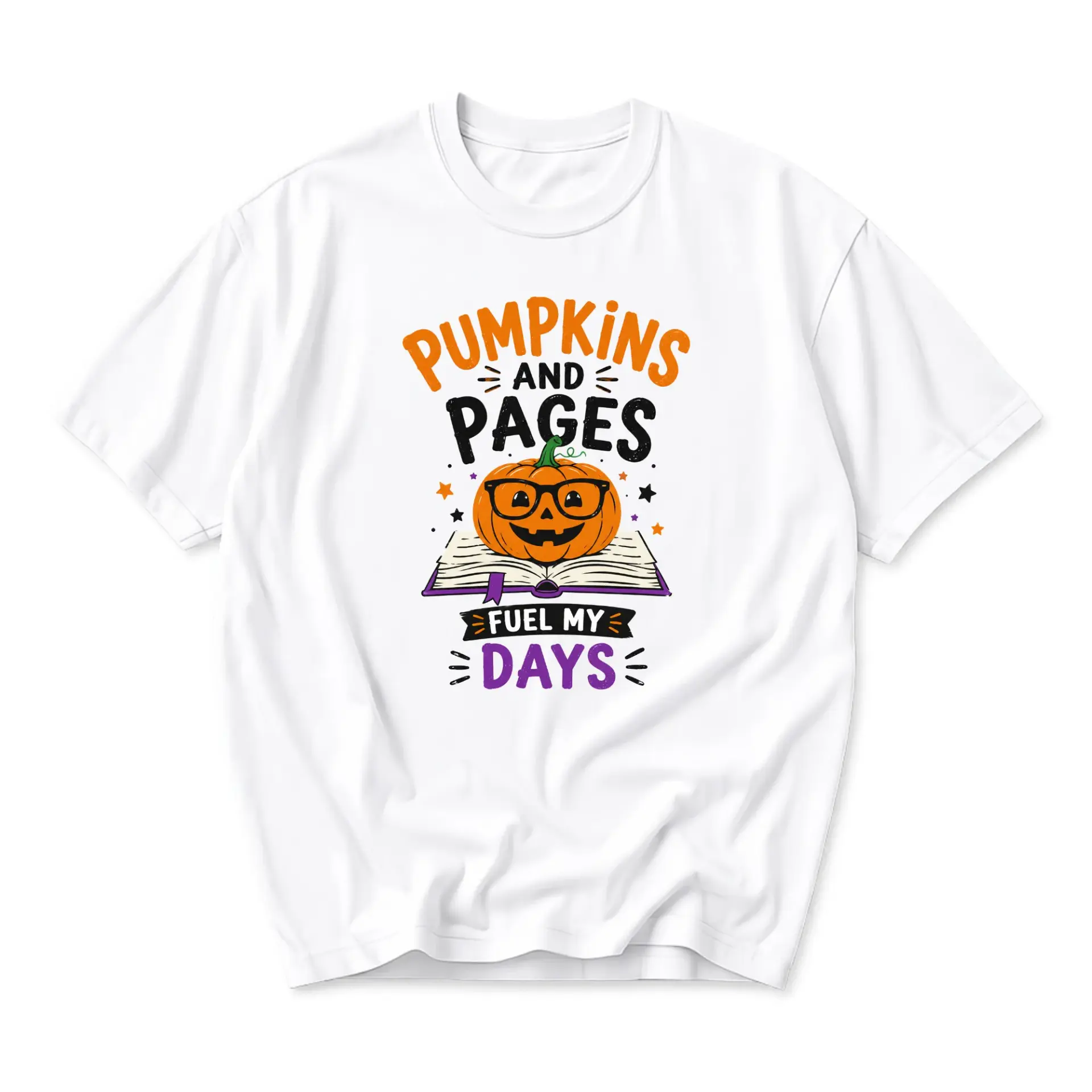 Funny Shirt Pumpkins and Pages Fuel My Days Graphic Tee Unisex Crew Neck Autumn Seasonal Apparel Fall Literature Lover Gift