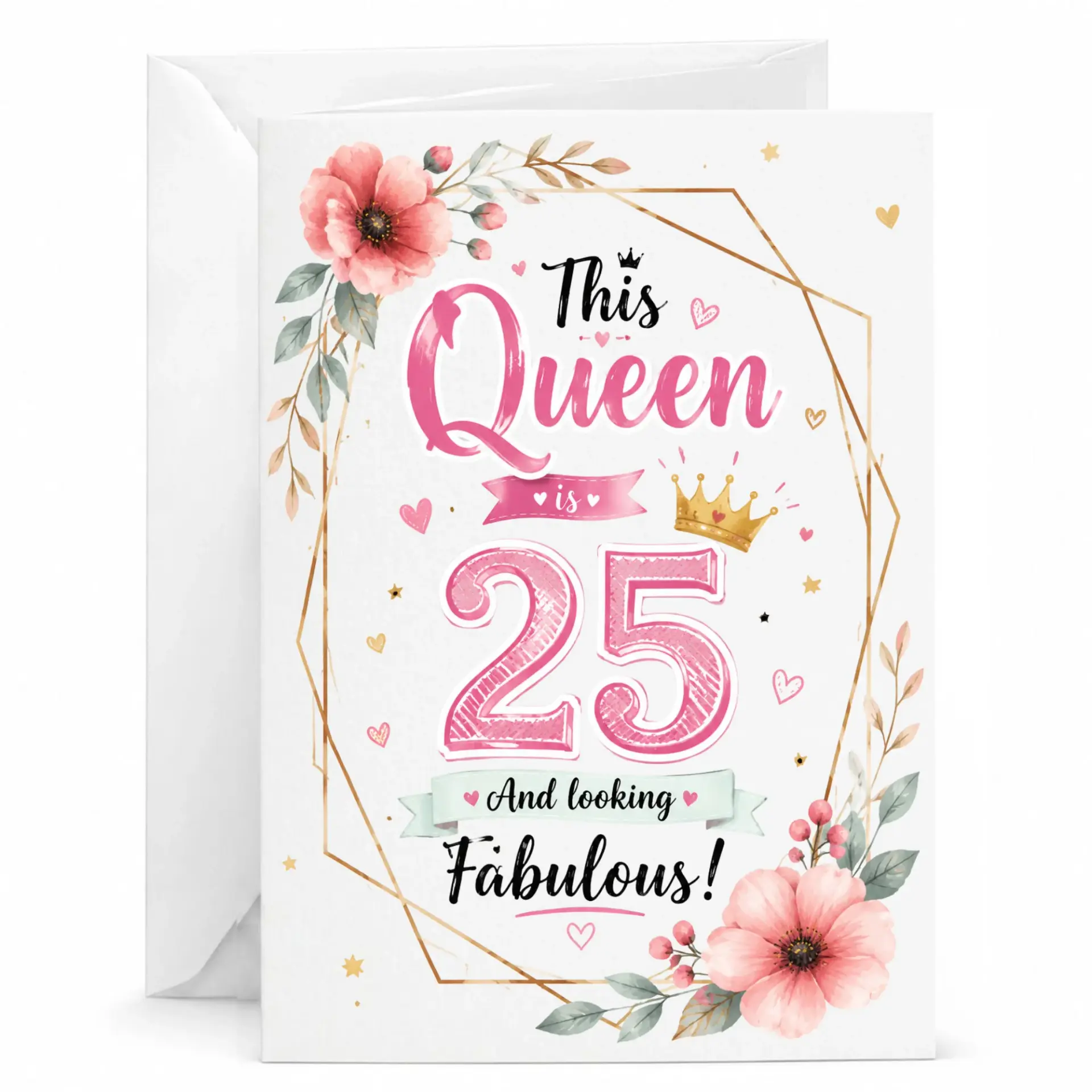 Birthday Card for 25th Birthday Floral Crown Design Feminine Greeting Card for Her with Envelope Included 5x7 Inches