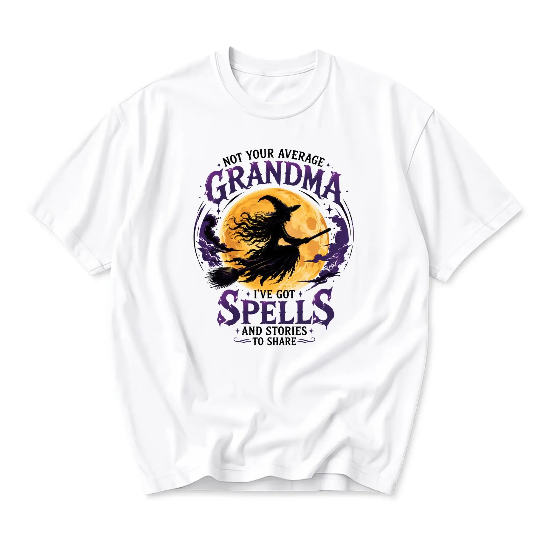 Funny Shirt Not Your Average Grandma Graphic Tee Witch Broomstick Silhouette Halloween Holiday Crewneck Unisex Top