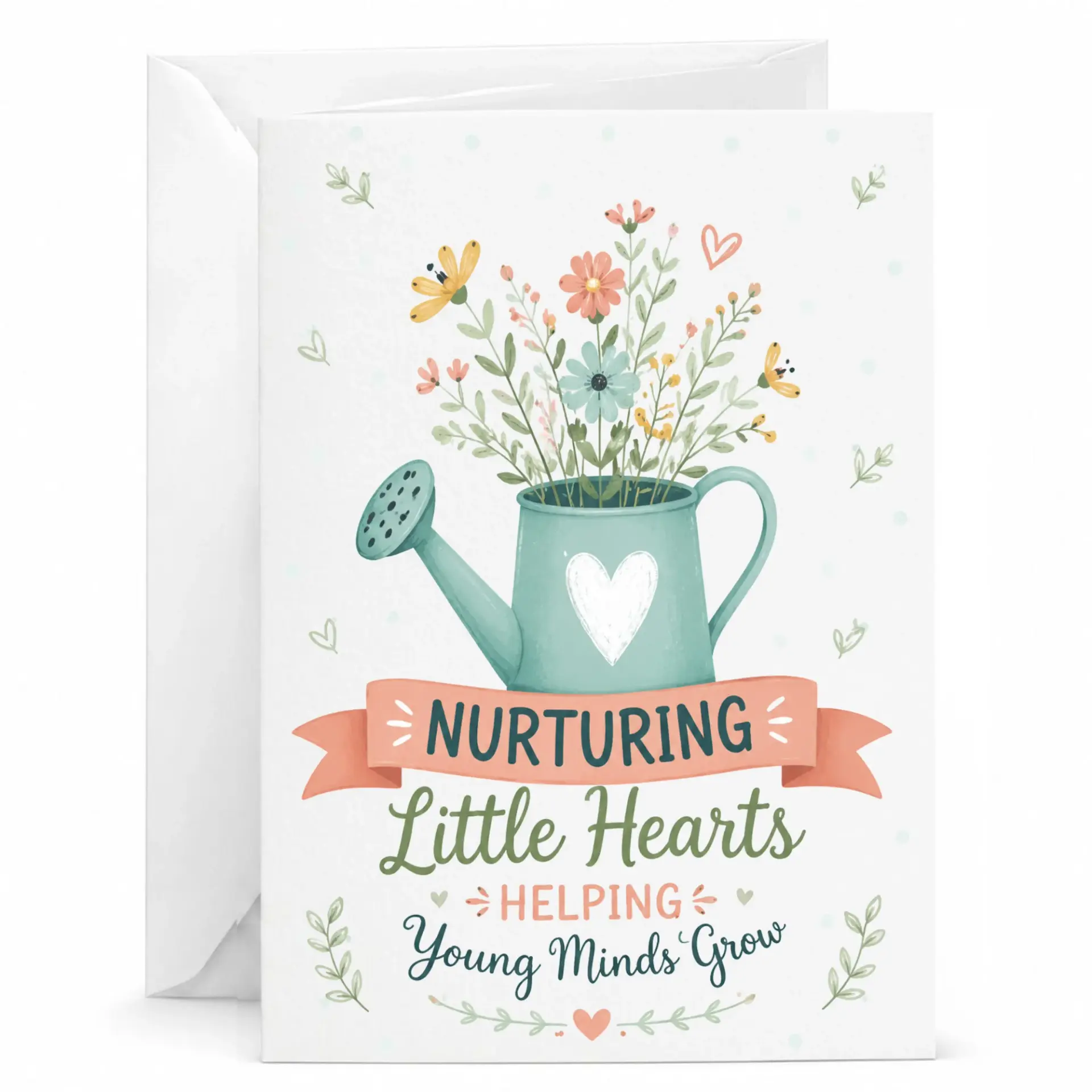 Greeting Card with Floral Watering Can Illustration Featuring Nurturing Little Hearts Helping Young Minds Design