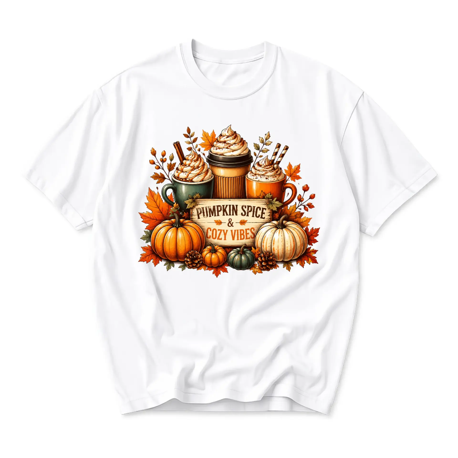 Graphic Tee Pumpkin Spice and Cozy Vibes Autumn Seasonal Shirt Unisex Fall Casual Crew Neck Short Sleeve Top