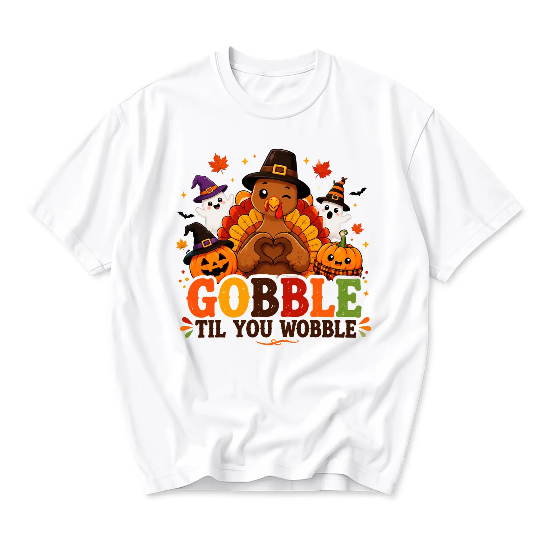 Funny Shirt Gobble Til You Wobble Thanksgiving Graphic Tee Seasonal Autumn Fall Holiday Unisex Casual Crewneck T-Shirt