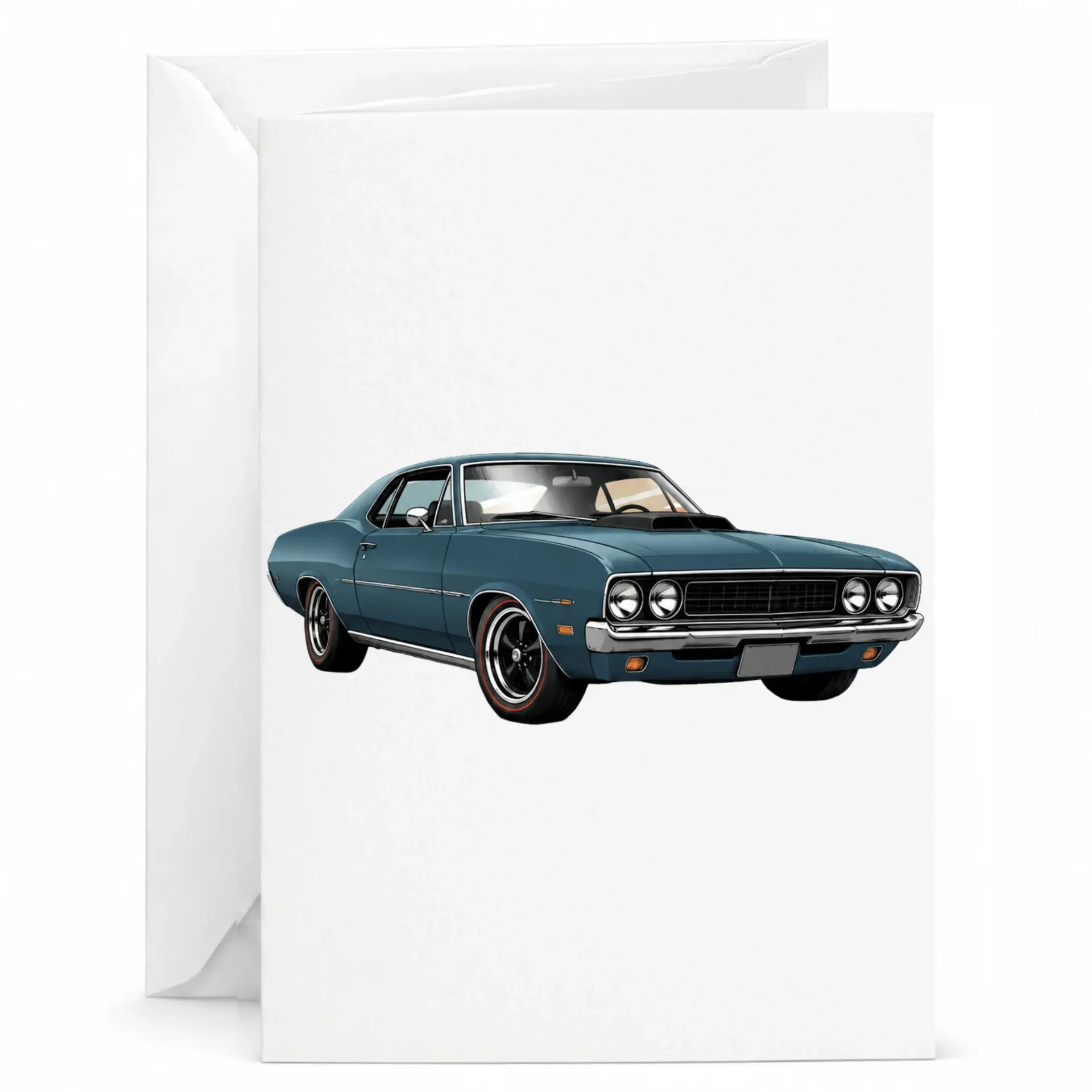 Greeting Card Featuring Classic Blue Muscle Car Illustration for Automotive Enthusiasts and Vintage Car Lovers