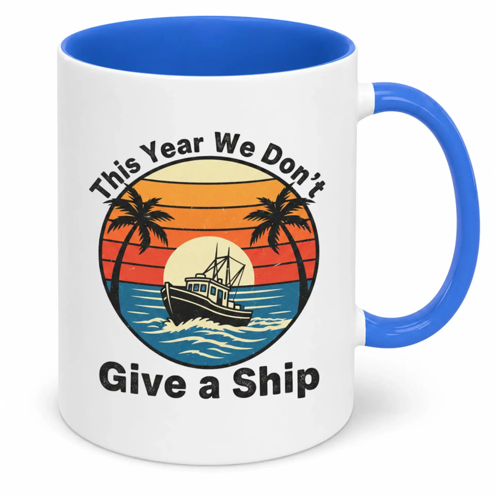 Funny Fishing Boat Ceramic Coffee Mug for Sailors and Ocean Lovers, Unique Tropical Sunset Design, Humorous Wordplay Drinkware Gift