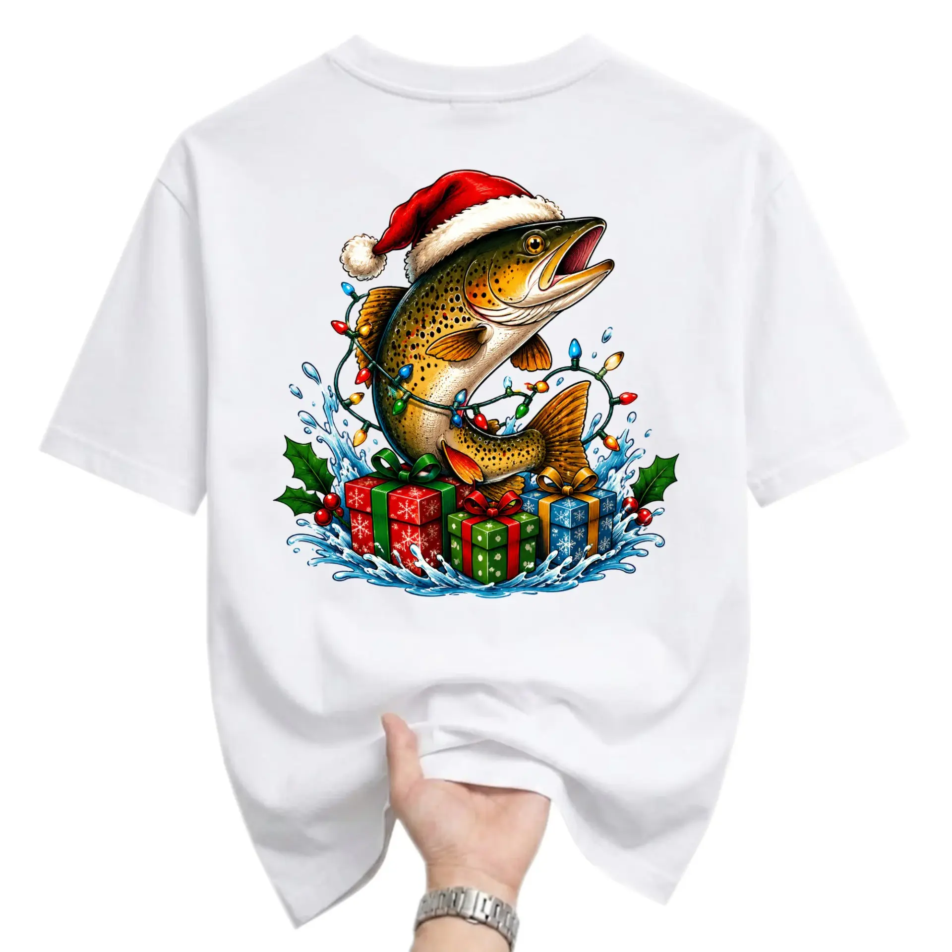 Graphic Tee Christmas Fishing Holiday Shirt Featuring a Festive Jumping Trout Wearing a Santa Hat with Presents