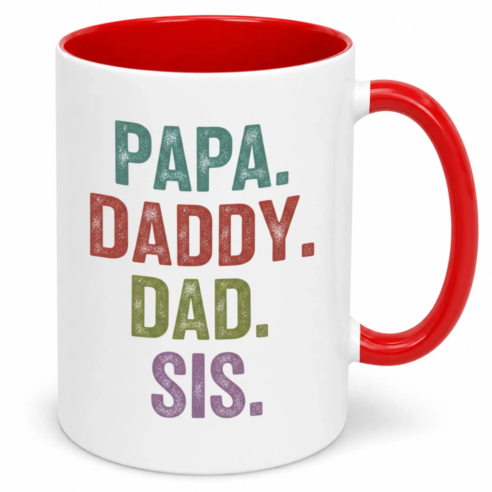 Family Member Name Mug Distressed Text Ceramic Coffee 11 Oz or 15 Oz Premium Drinkware for Beverages White with Red Handle