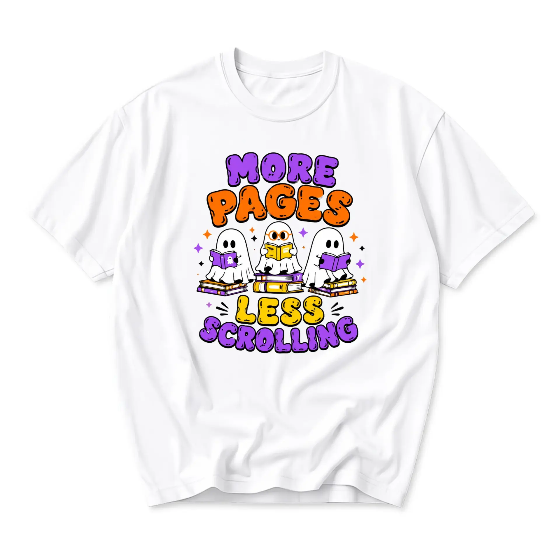 Funny Shirt More Pages Less Scrolling Book Lover Graphic Tee Unisex Crew Neck Short Sleeve Casual Cotton Blend Apparel