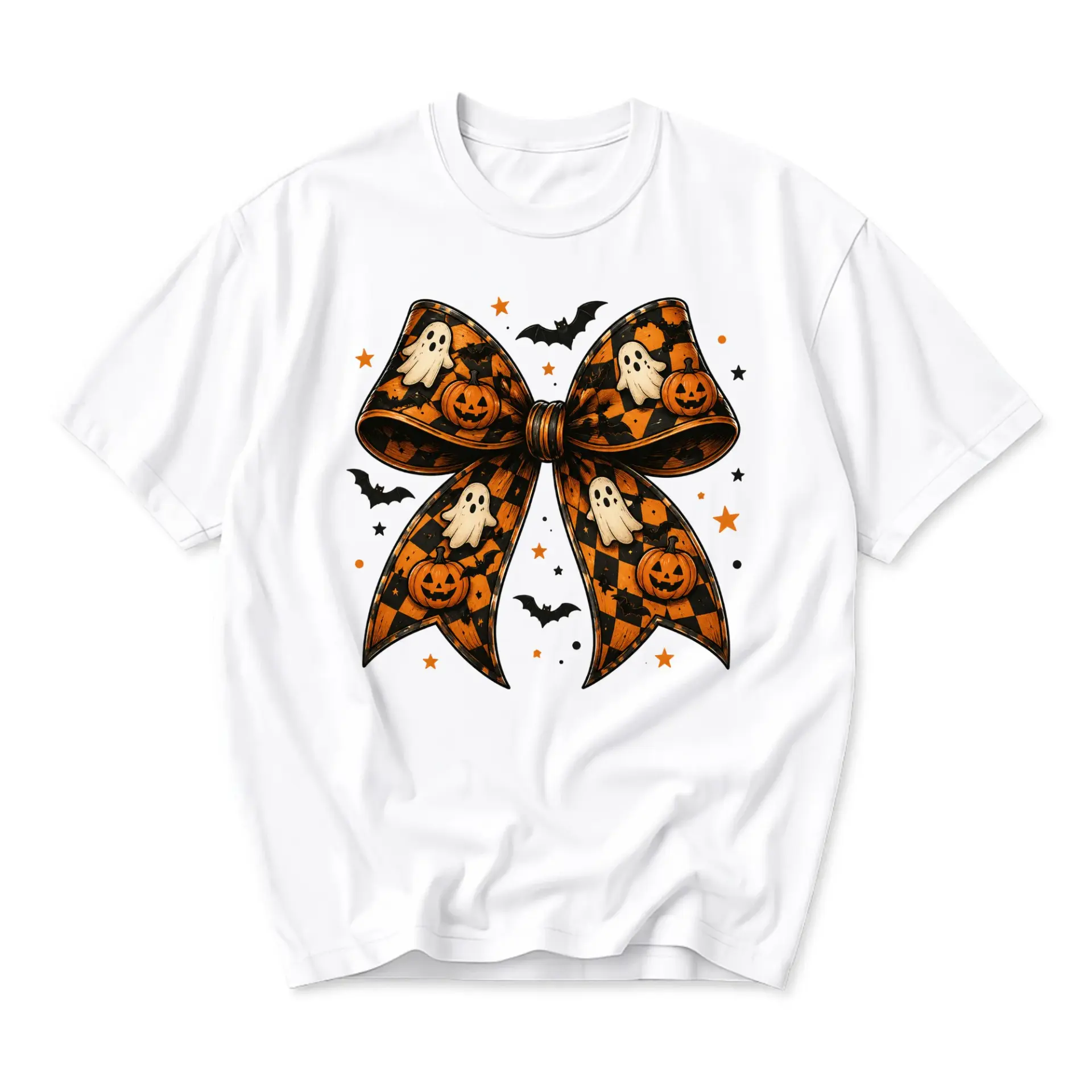 Graphic Tee Halloween Bow Shirt with Spooky Ghosts and Pumpkins Unisex Crew Neck Casual Everyday Printed T-Shirt