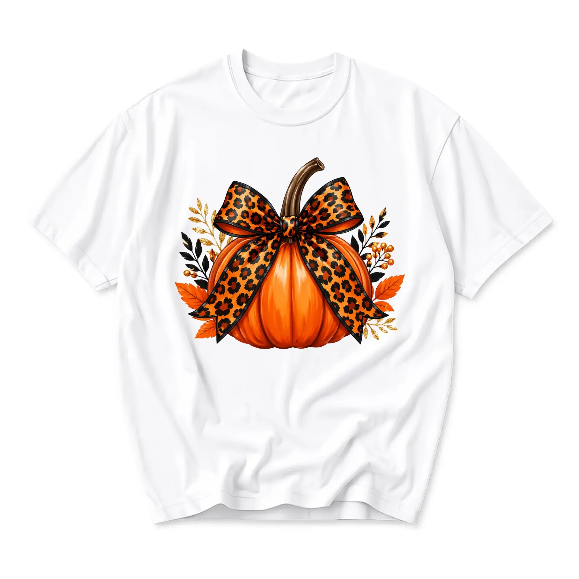 Graphic Tee Pumpkin with Leopard Print Bow Autumn Fall Seasonal Unisex Crew Neck Casual Everyday Comfort Shirt