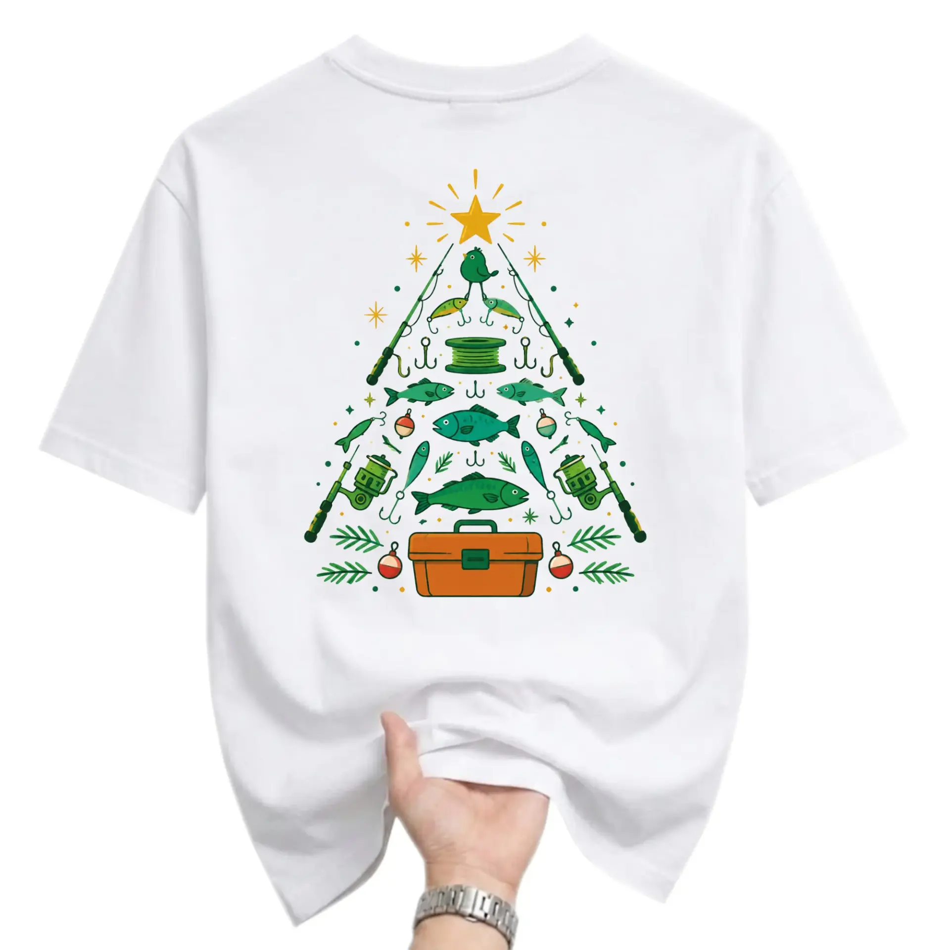 Graphic Tee Unisex Fishing Christmas Tree T-Shirt Holiday Outdoor Sport