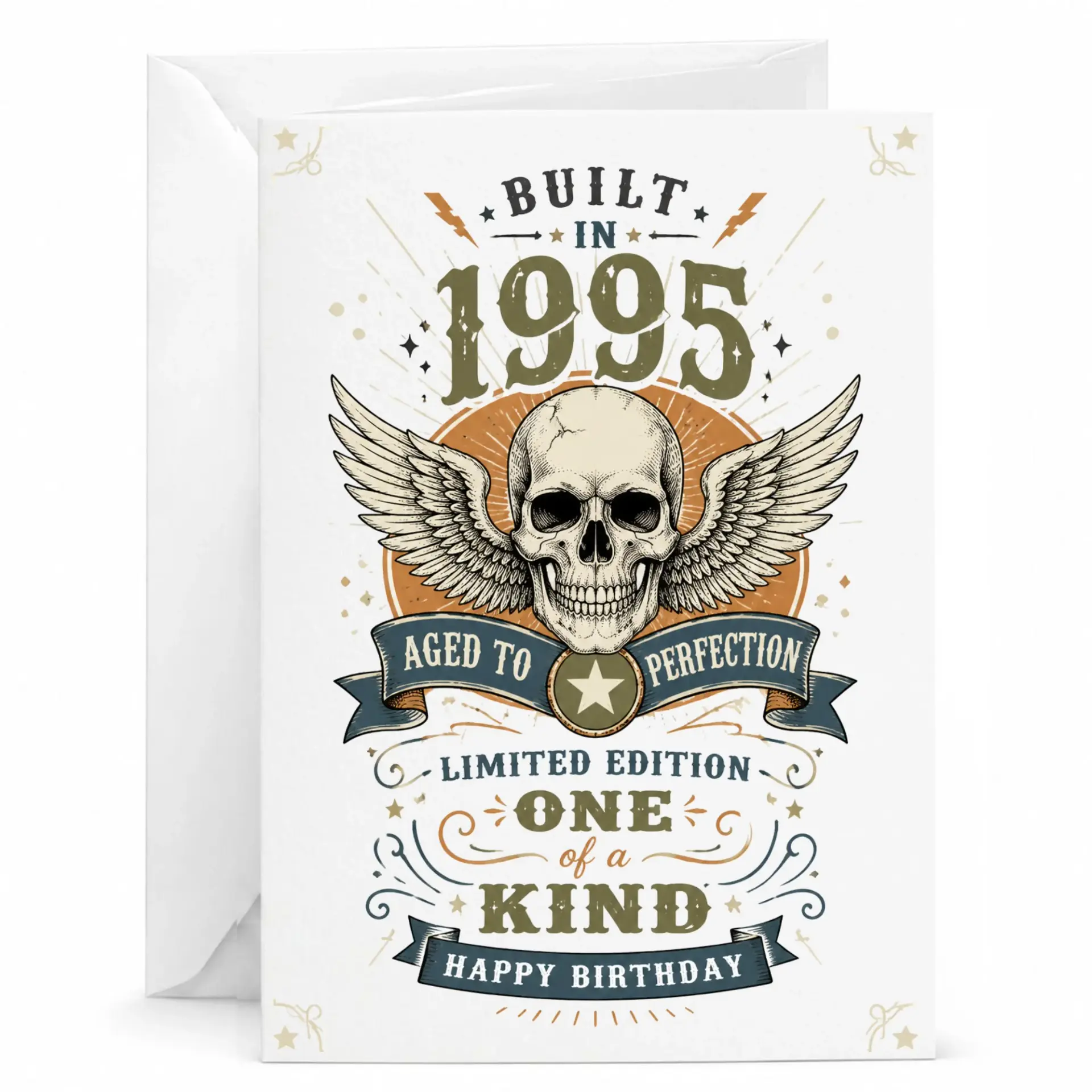 Birthday Card Vintage Skull Design Built in 1995 Aged to Perfection Greeting Card with Matching White Envelope