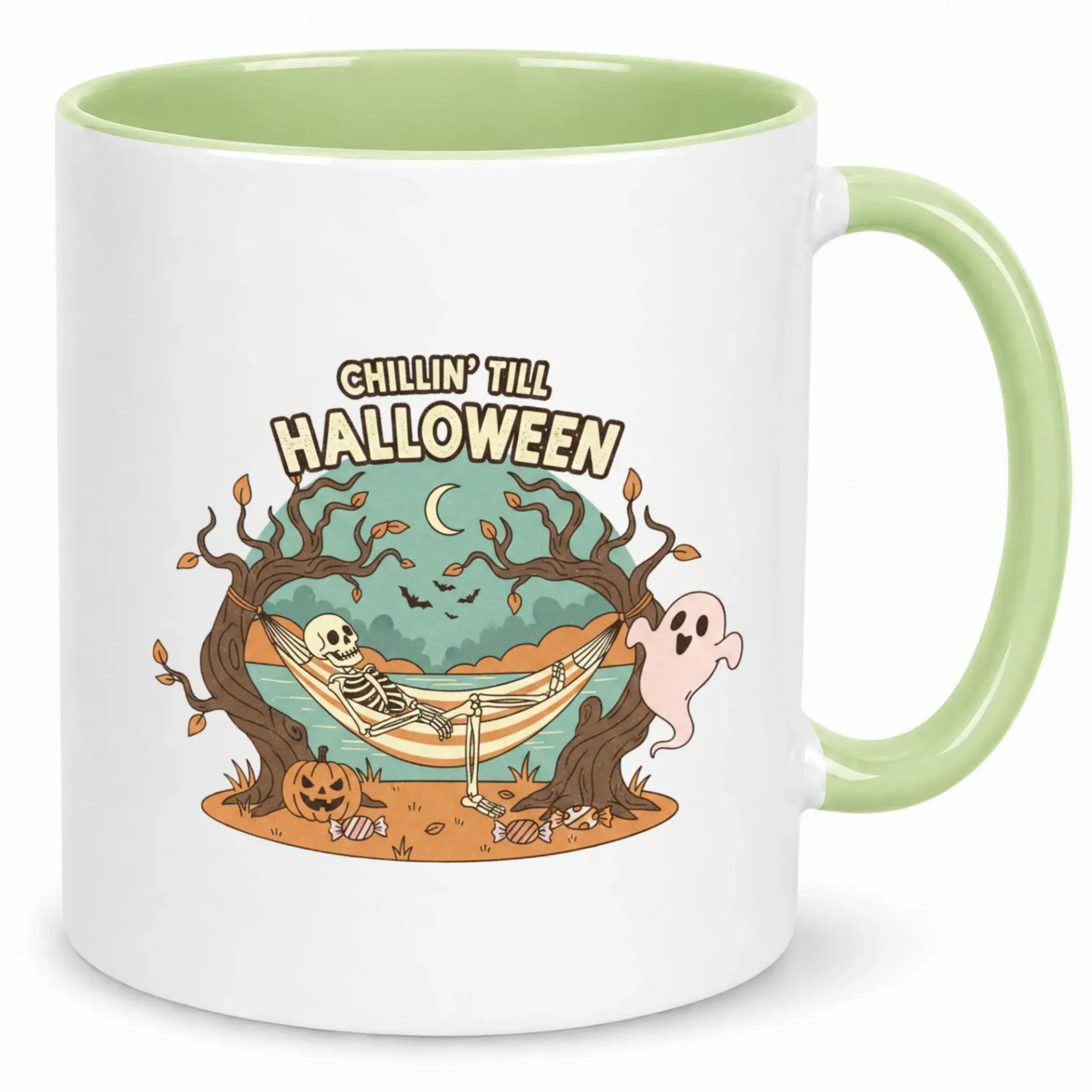 Funny Halloween Ceramic Coffee Mug Featuring Relaxing Skeleton in Hammock Design, Spooky Season Beverage Cup for Home or Office