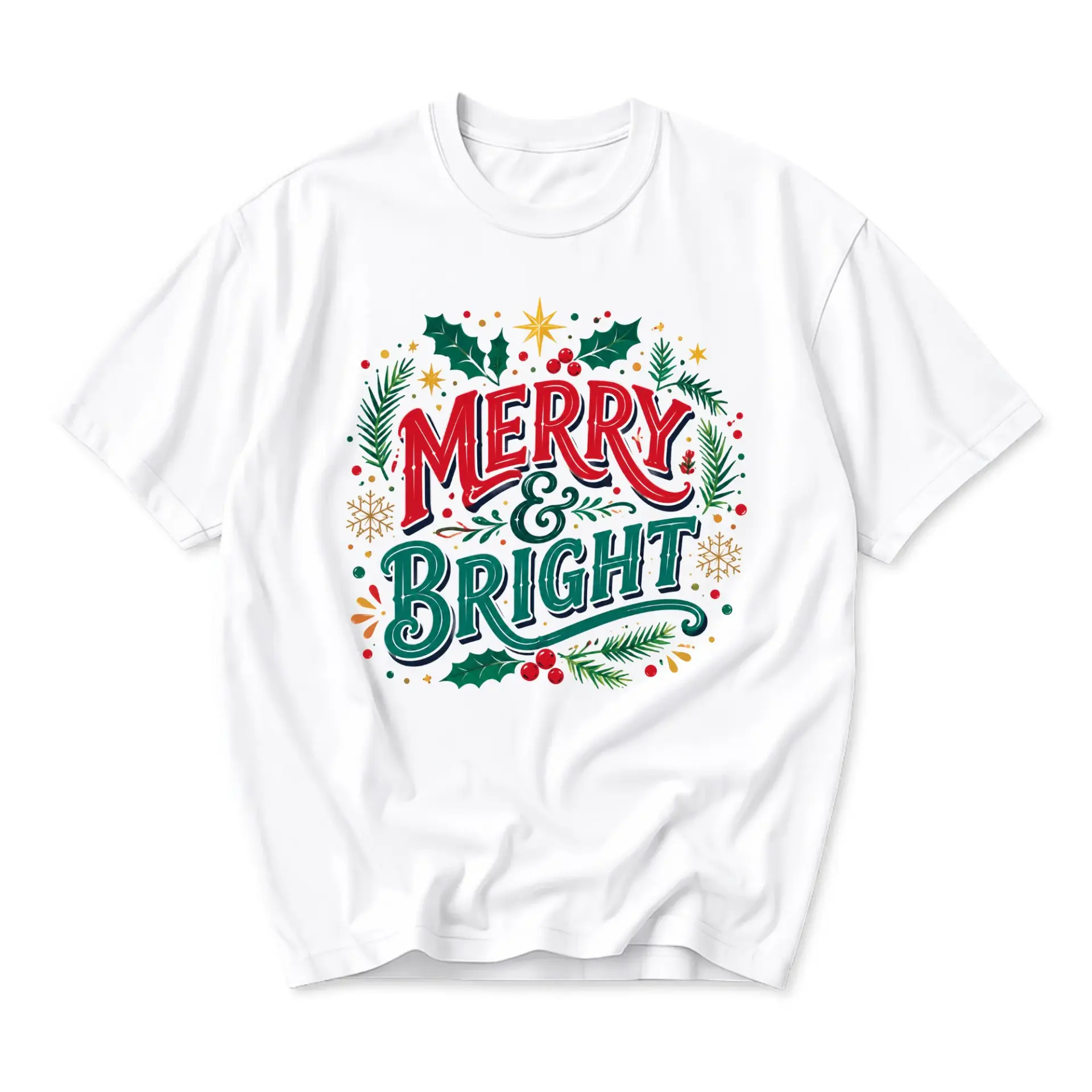 Funny Shirt Merry and Bright Holiday Graphic Tee Unisex Casual Cotton Crew Neck Short Sleeve Top for Winter Season