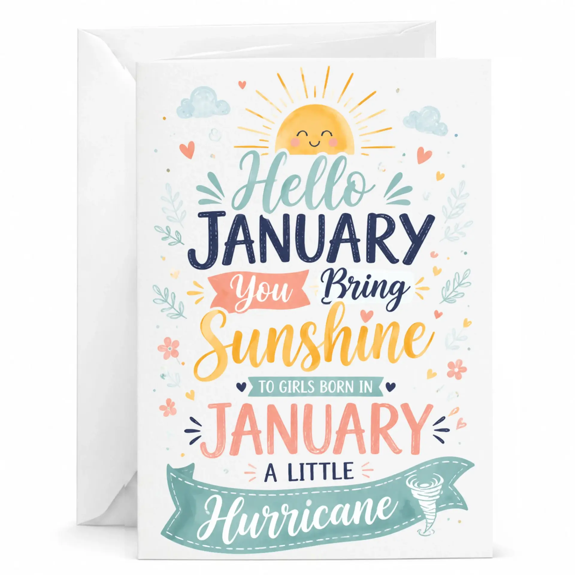 Greeting Card Hello January Sunshine Hurricane Design for Birthday Celebration or Seasonal Encouragement