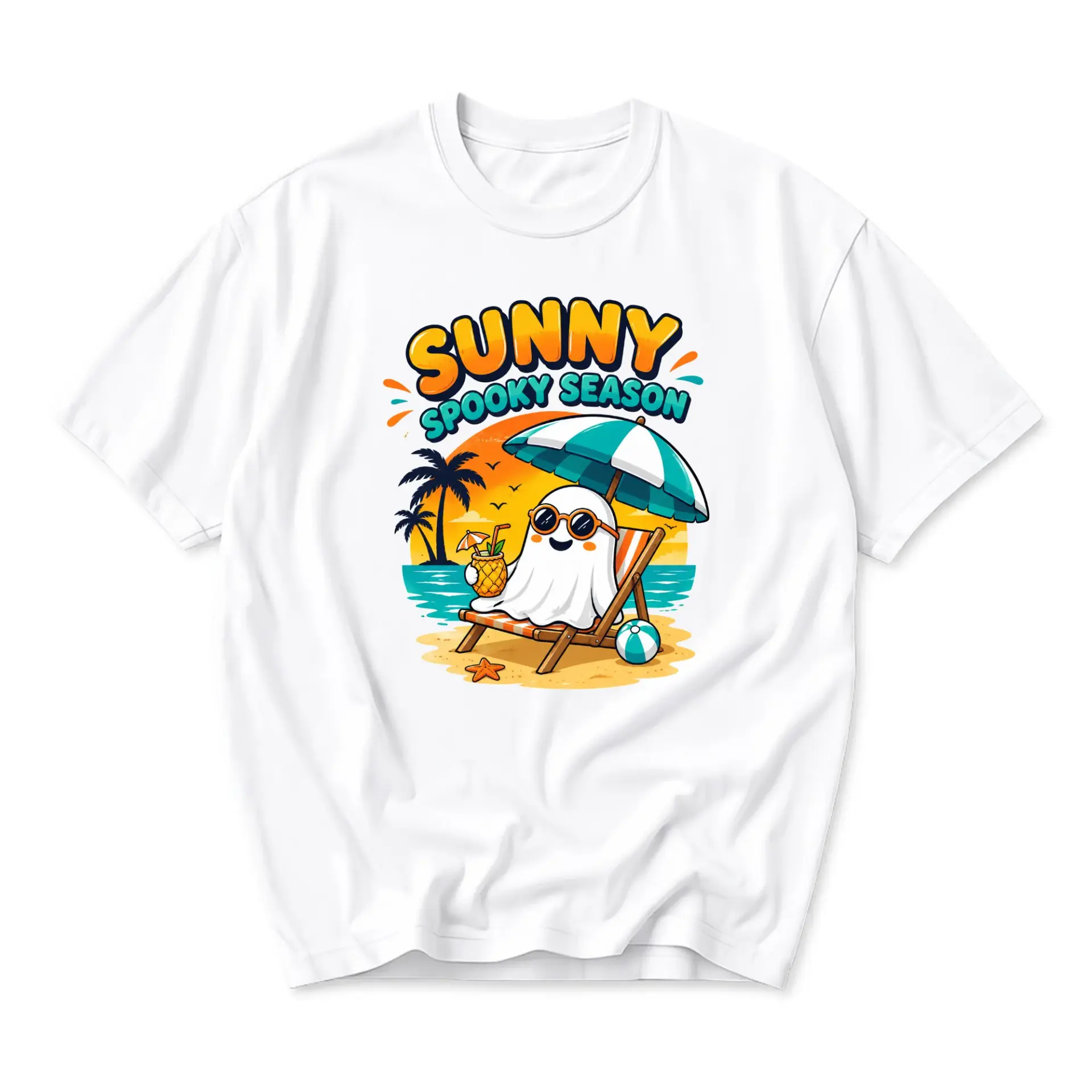 Funny Shirt Sunny Spooky Season Graphic Tee Cute Beach Ghost Wearing Sunglasses Summer Coastal Holiday Apparel