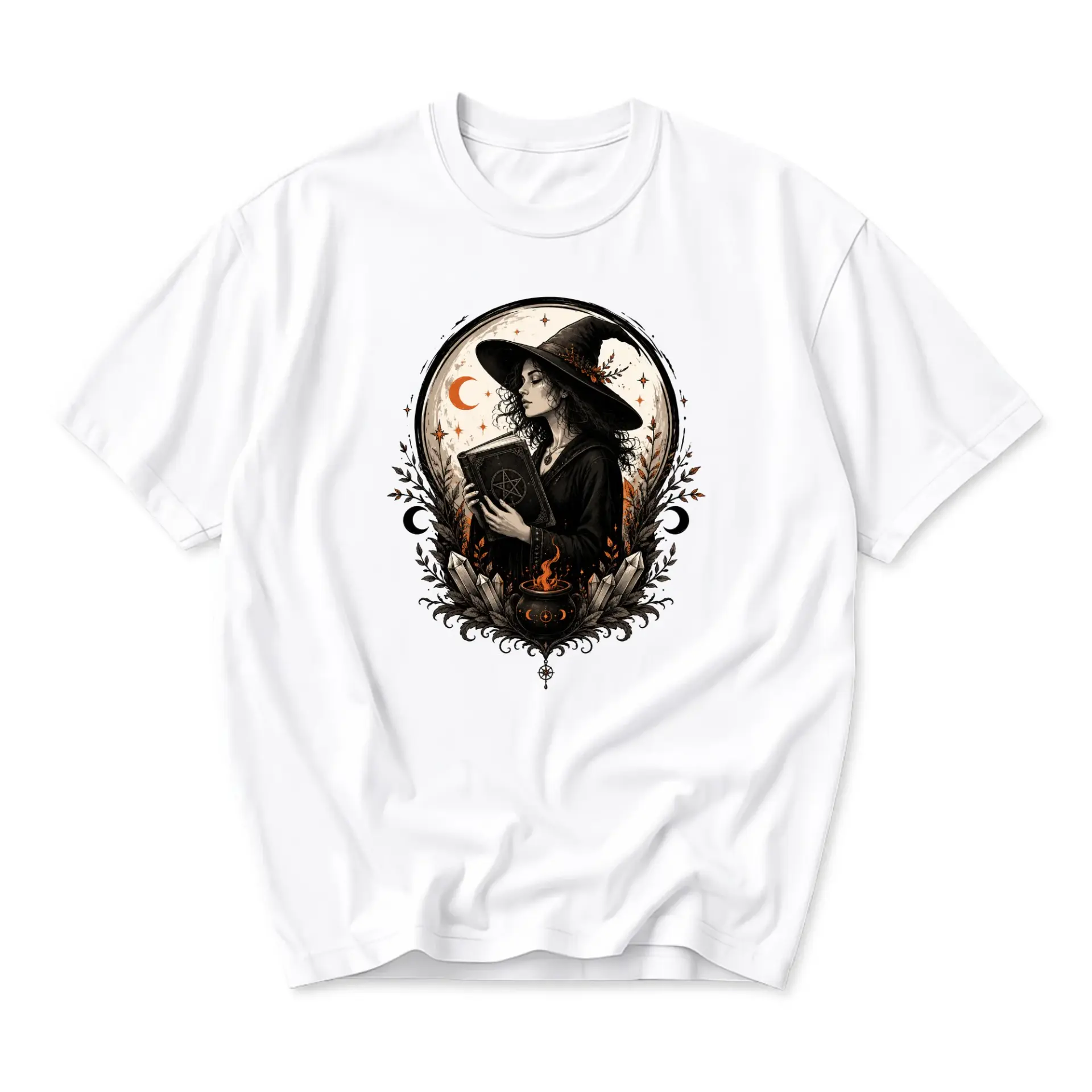 Graphic Tee Unisex Witch Reading Magic Book Illustration Comfortable Cotton Crew Neck Short Sleeve Casual Shirt