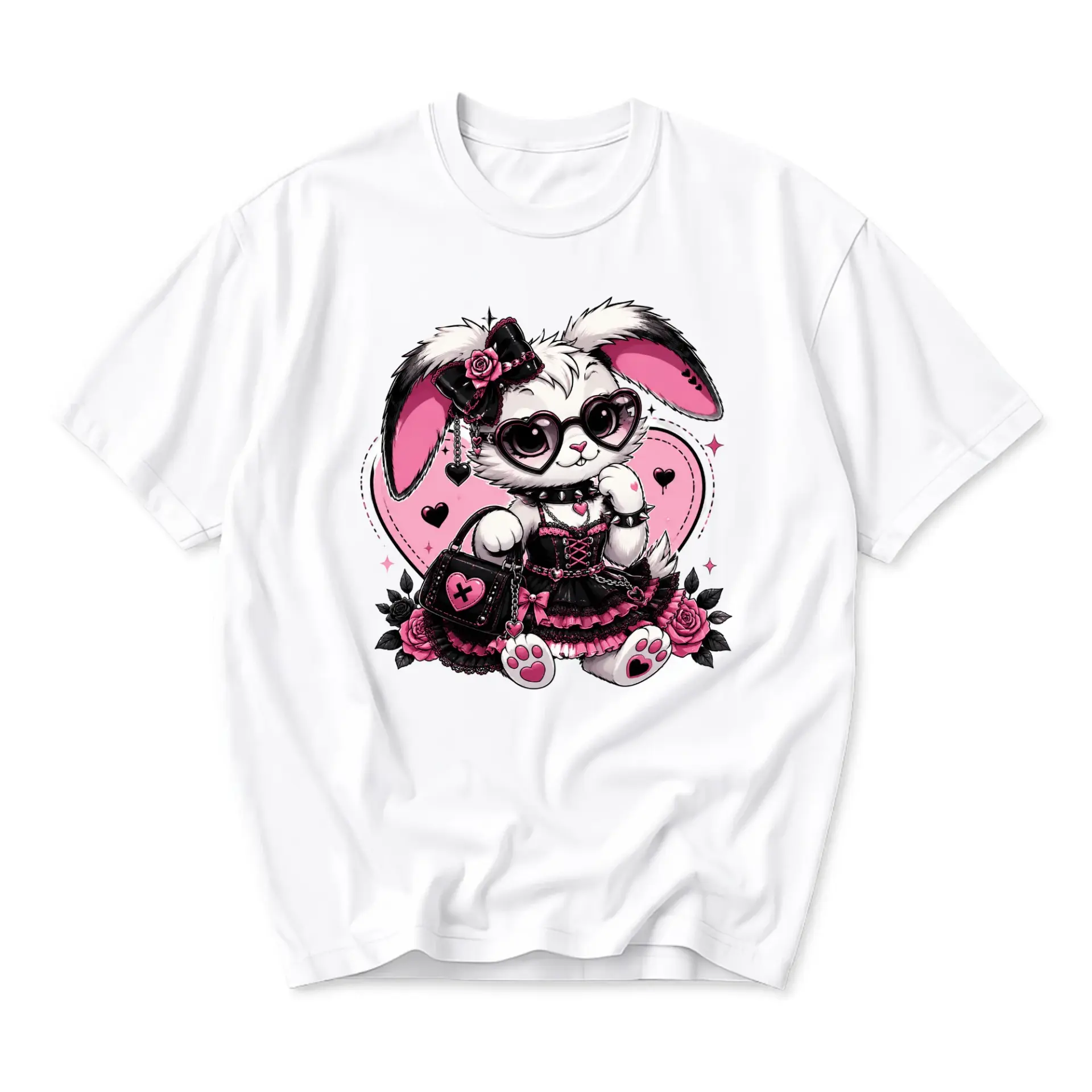 Graphic Tee Unisex Crew Neck T-Shirt Featuring a Stylish Bunny Rabbit Wearing Pink Heart Sunglasses and Goth Attire