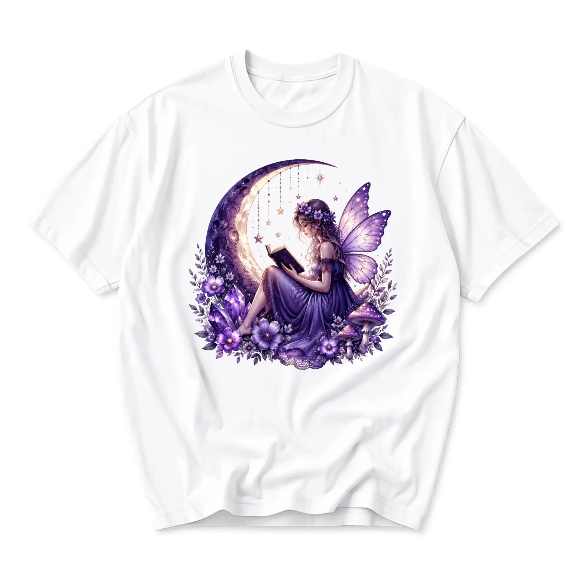 Graphic Tee Fairy Reading Book on Crescent Moon Design Unisex Soft Casual Cotton Blend Comfortable Everyday Apparel