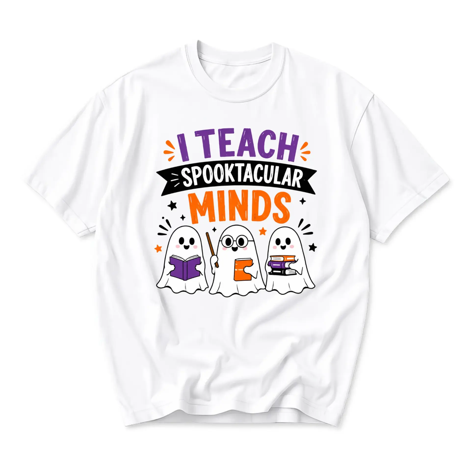 Funny Shirt I Teach Spooktacular Minds Graphic Tee Cute Ghost Reading Books Autumn Themed Unisex Casual Crew Neck Top