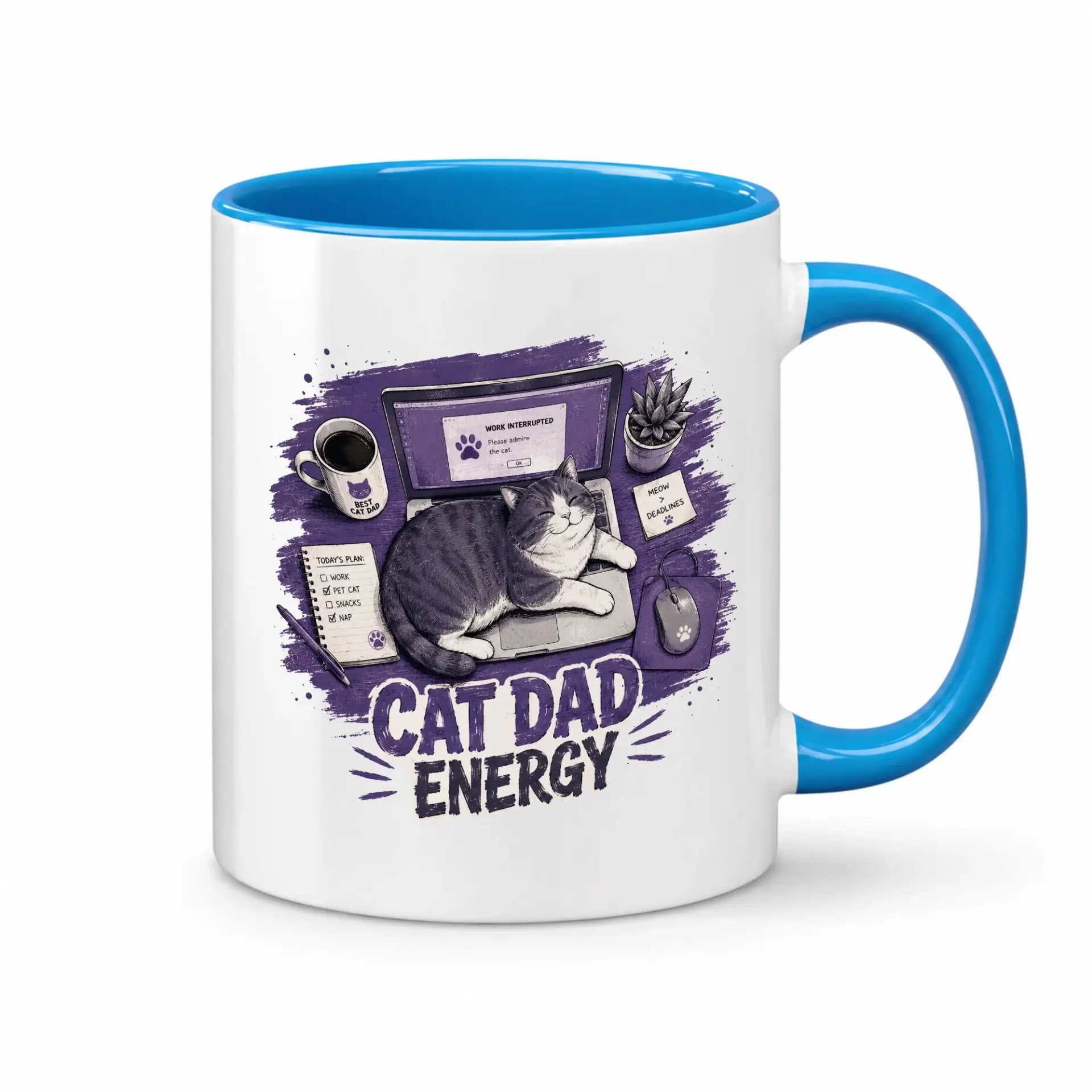 Cat Dad Energy Coffee Mug Funny Office Desk Ceramic Cup Featuring a Sleeping Pet Owner Novelty Drinkware Gift