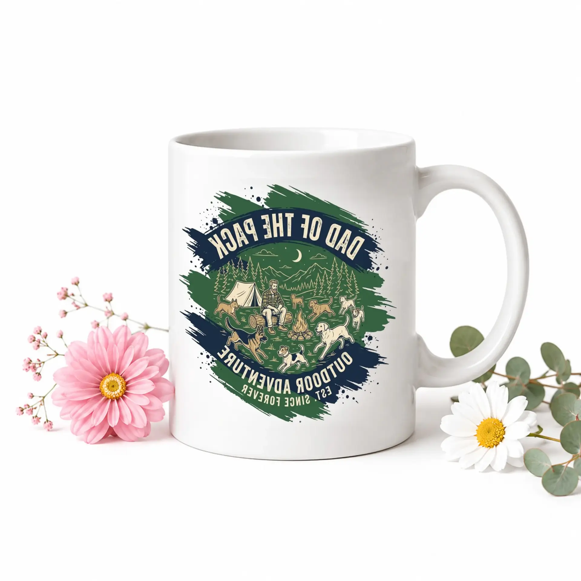 Dad of Outdoor Adventure Mug Ceramic Coffee Cup with Blue Handle for Camping and Hiking Enthusiast Drinkware