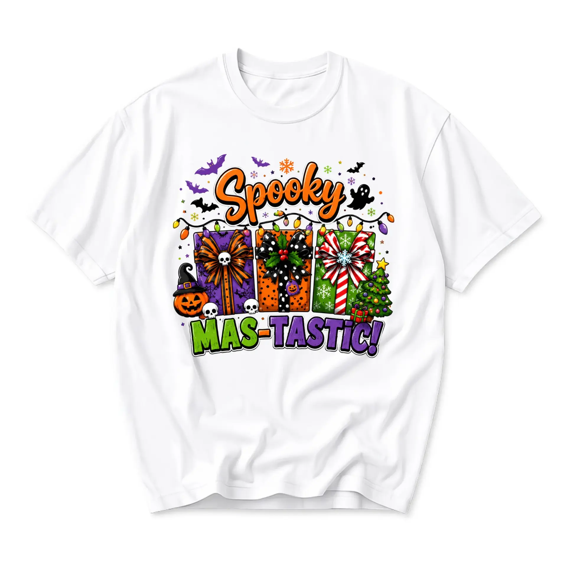 Funny Shirt Spooky Mas-Tastic Graphic Tee Holiday Halloween Christmas Mashup Apparel Unisex Crew Neck Casual Wear