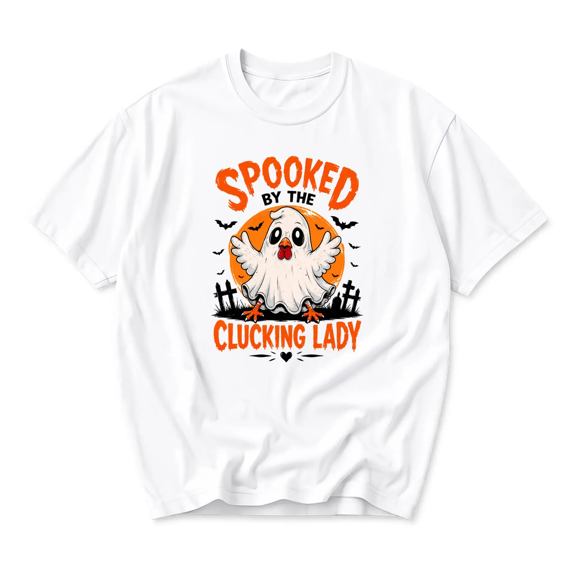 Funny Shirt Spooked by the Clucking Lady Graphic Tee Unisex Casual Crew Neck Halloween Farm Animal Lover Apparel