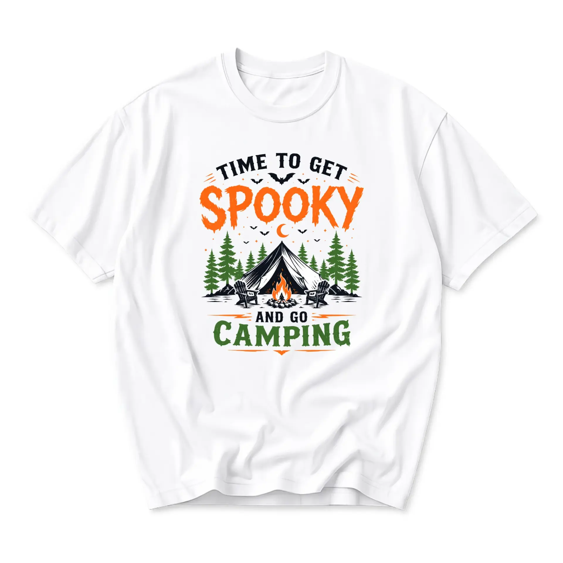 Funny Shirt Time to Get Spooky and Go Camping Graphic Tee Unisex Crew Neck Short Sleeve Casual Outdoor Adventure Top