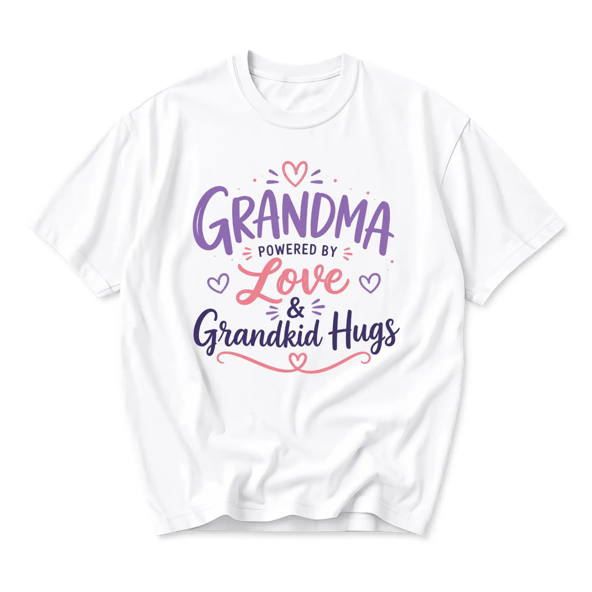 Graphic Tee Grandma Powered by Love and Grandkid Hugs Funny Shirt Unisex Crew Neck Casual Everyday Apparel White