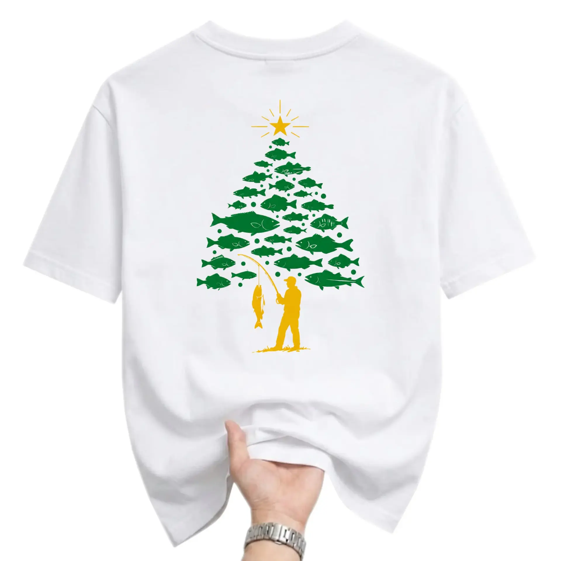 Graphic Tee Unisex Crew Neck Fishing Christmas Tree Illustration Casual