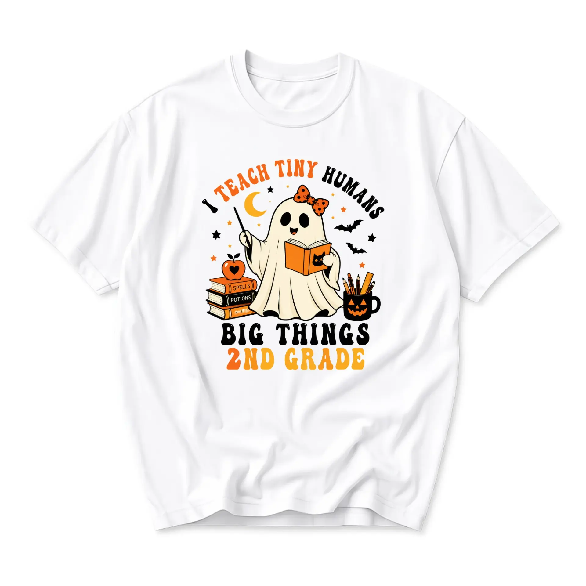 Funny Shirt I Teach Tiny Humans Big Things 2nd Grade Ghost Graphic Tee Unisex Casual Apparel for Educator Workwear