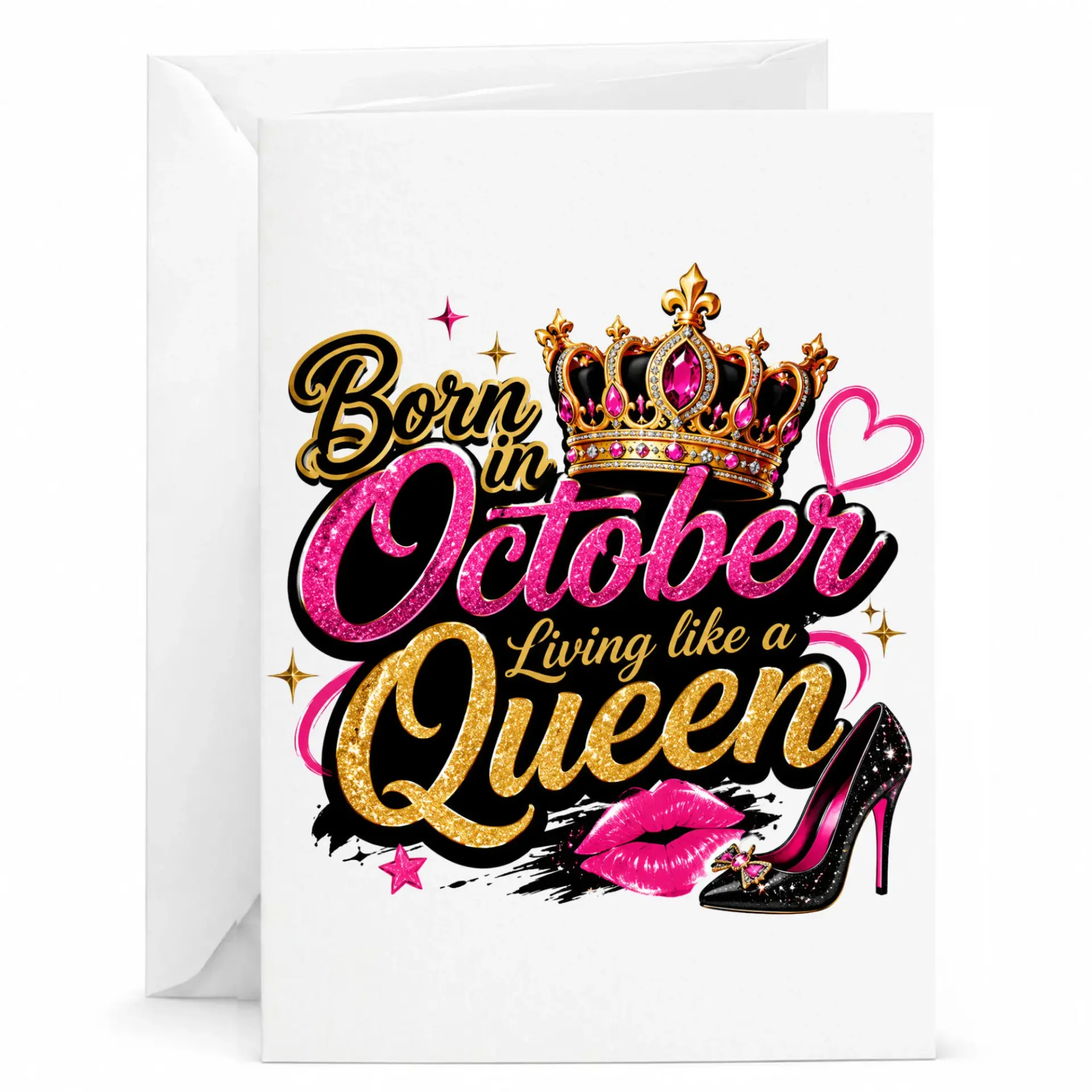 Birthday Card Born in October Living Like a Queen Greeting Card for Her with Matching Envelope Professional Print Quality