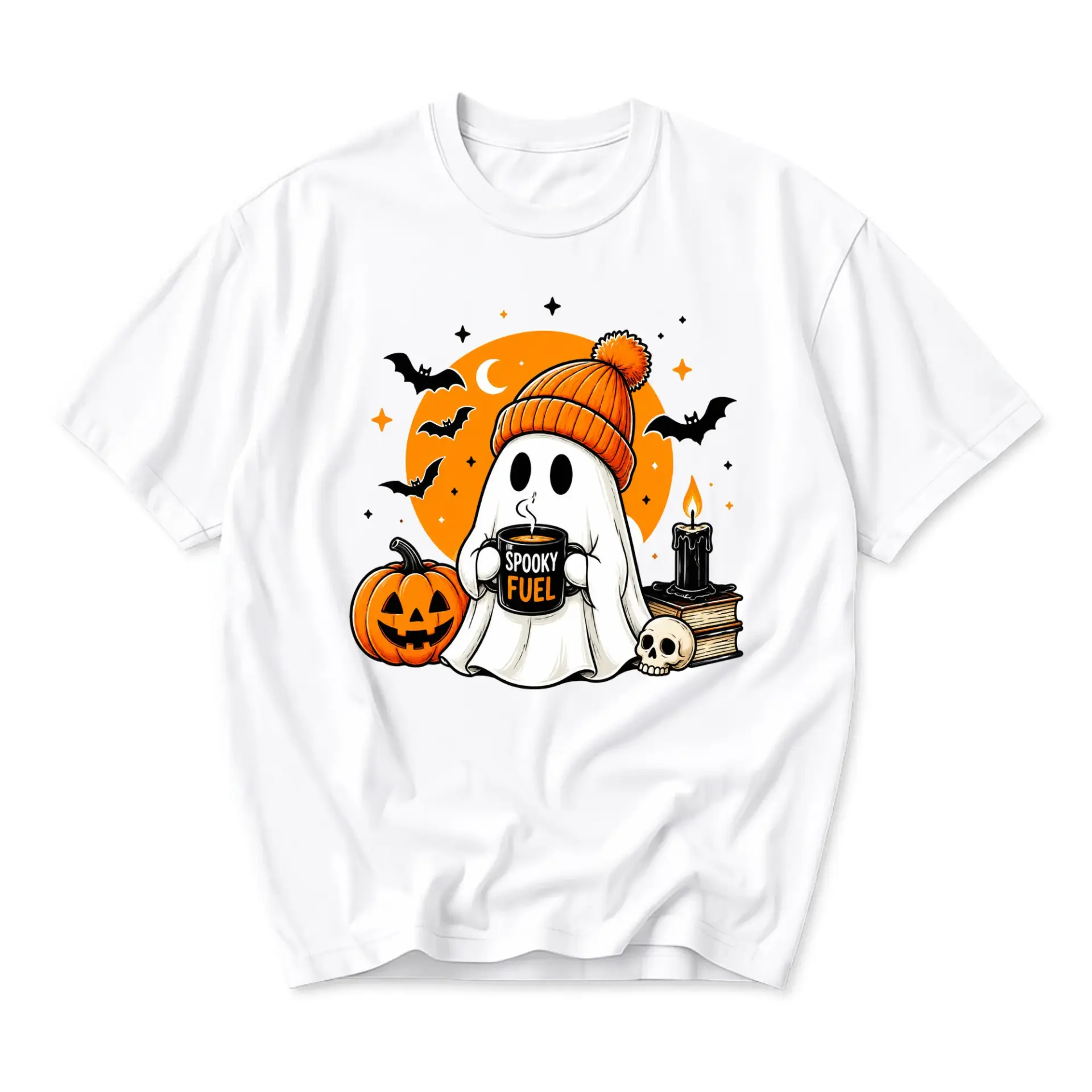 Funny Shirt Spooky Fuel Ghost Drinking Coffee Graphic Tee Cute Halloween Unisex Crew Neck Casual Cotton Top
