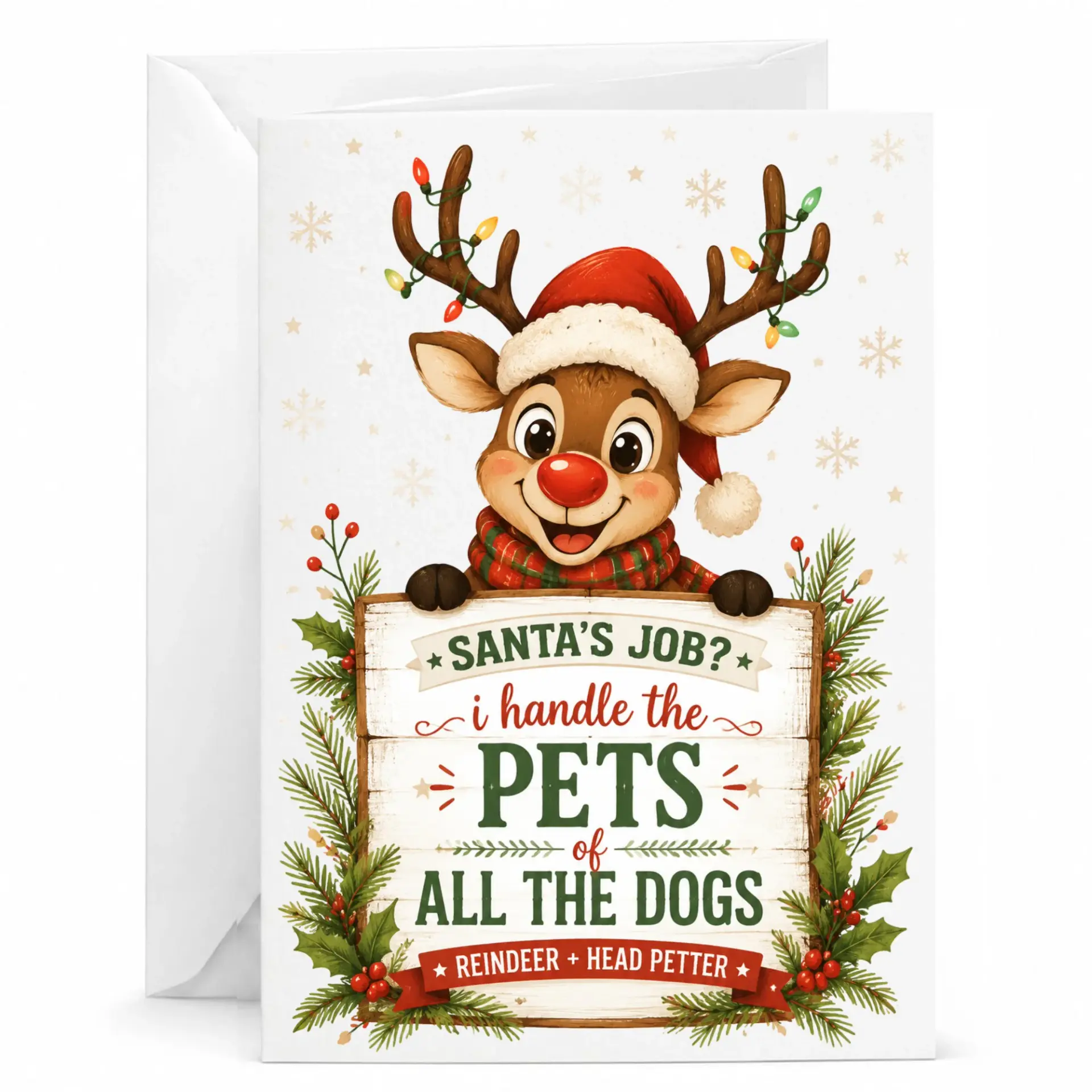 Funny Holiday Greeting Card Featuring Reindeer Petting Dogs Design for Seasonal Greetings and Festive Winter Messages