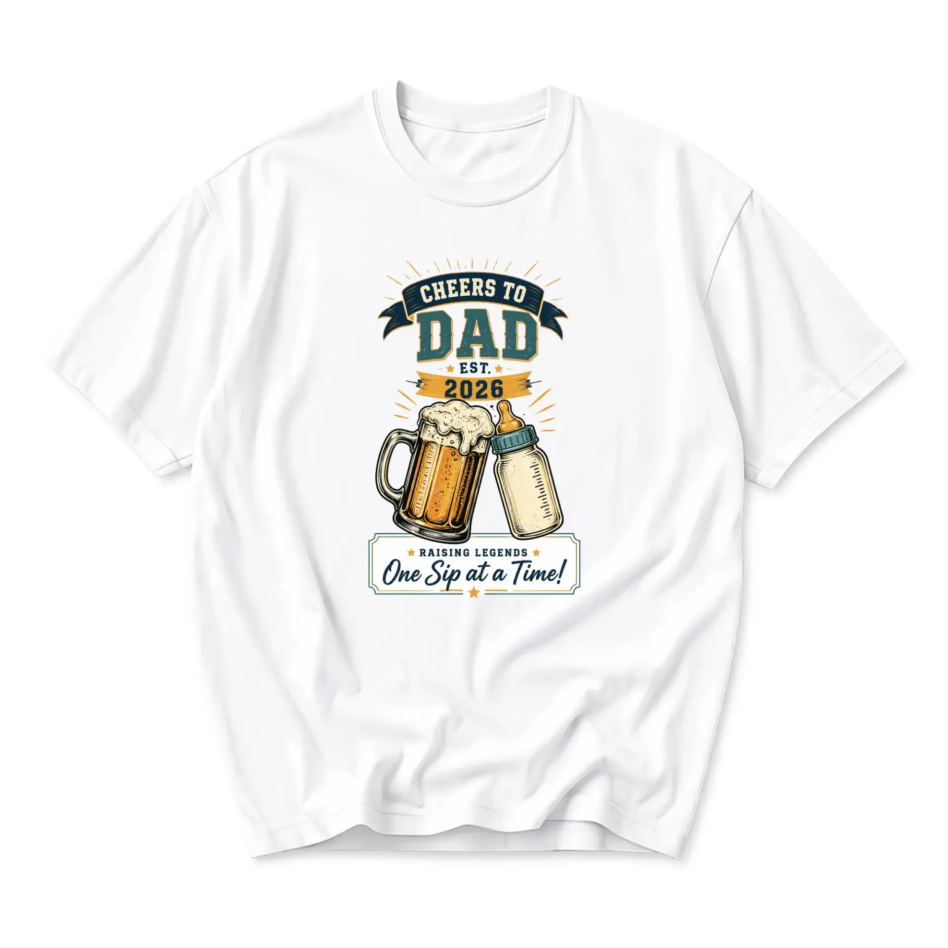 Funny Shirt Cheers to Dad Est 2026 Beer and Bottle Graphic Tee Unisex Casual Crew Neck Comfortable Cotton Blend