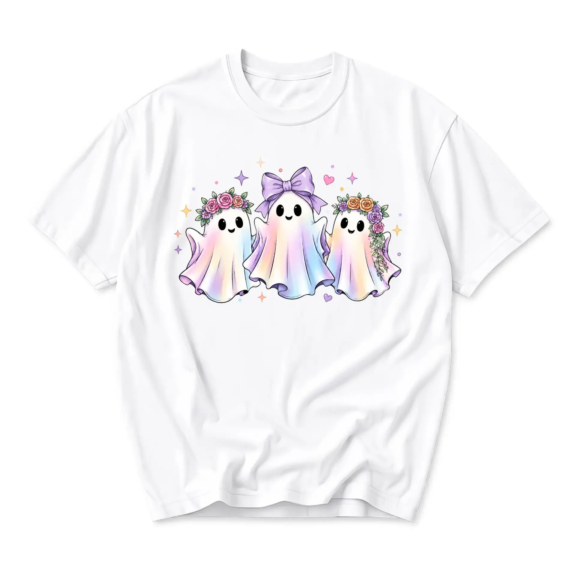 Graphic Tee Cute Pastel Rainbow Ghost Trio Floral Bow Illustration Soft Aesthetic Unisex Crew Neck Everyday Apparel