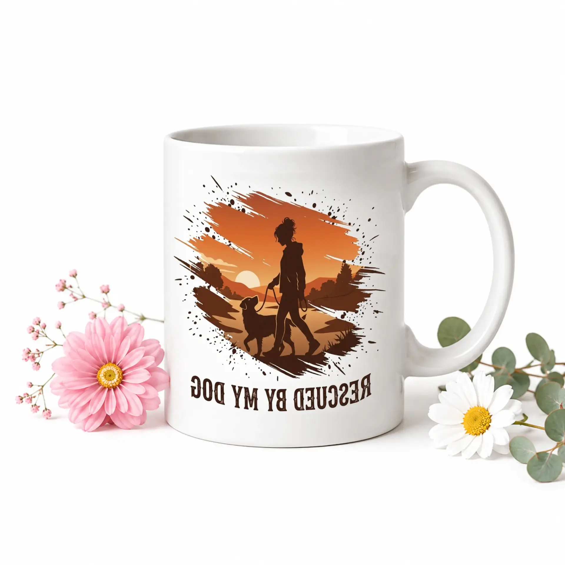 Rescued by My Dog Ceramic Coffee Mug Two Blue Handle Decorative Drinkware Gift for and Owners