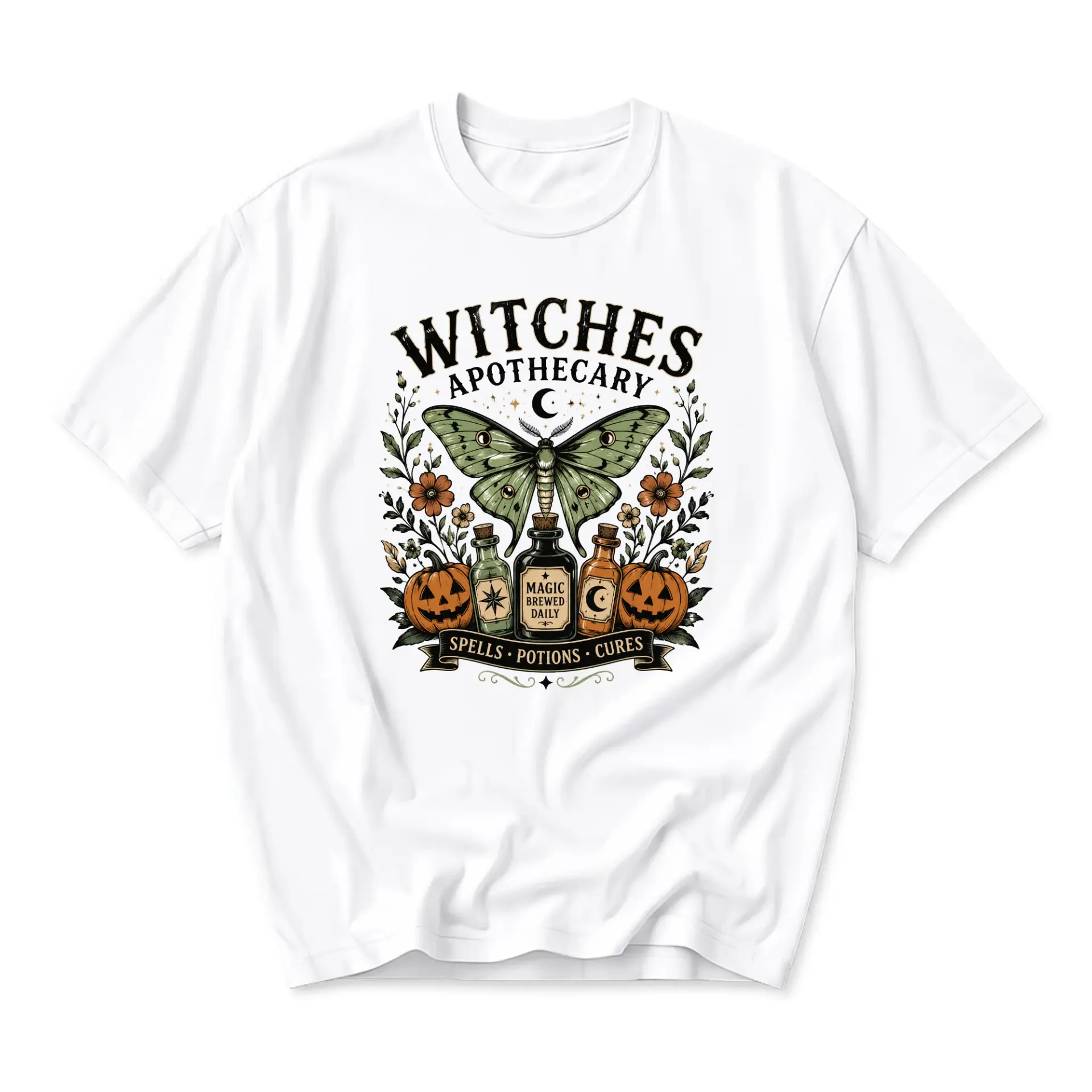Graphic Tee Witches Apothecary Butterfly and Pumpkin Illustration Unisex Crew Neck Short Sleeve Casual Cotton Shirt
