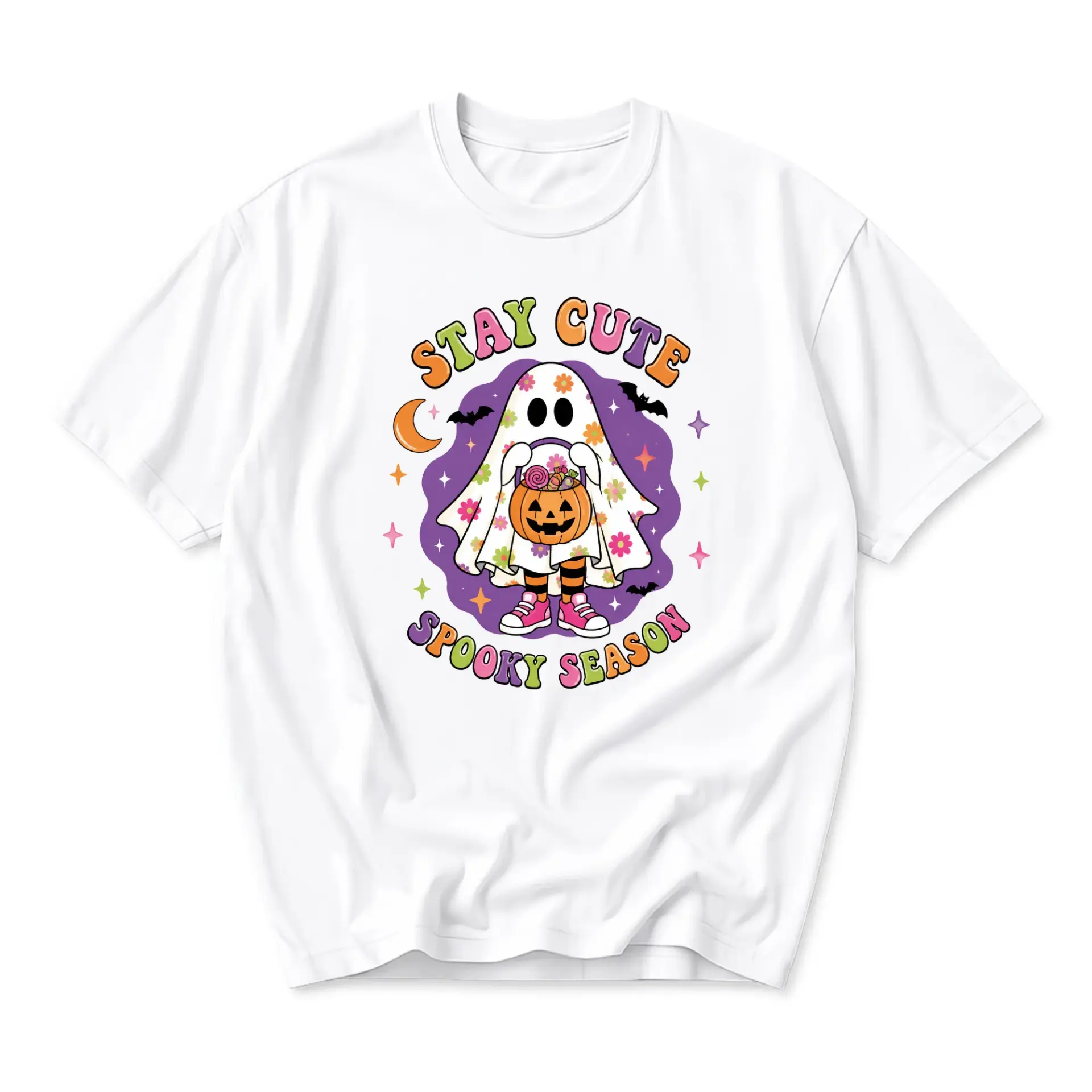 Graphic Tee Stay Cute Spooky Season Ghost Halloween Shirt Retro Floral Pumpkin Unisex Crew Neck Cotton Top