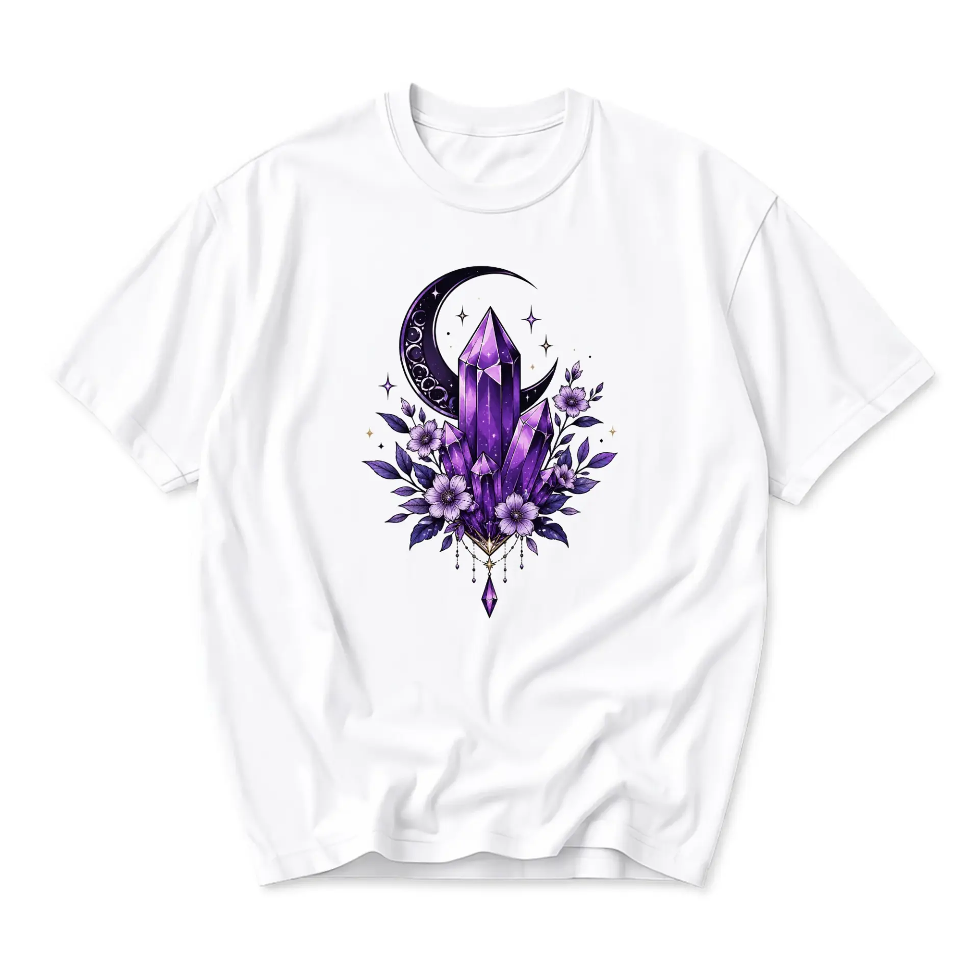 Graphic Tee Celestial Purple Crystal Moon Floral Unisex Crew Neck T-Shirt Comfortable Casual Short Sleeve Apparel