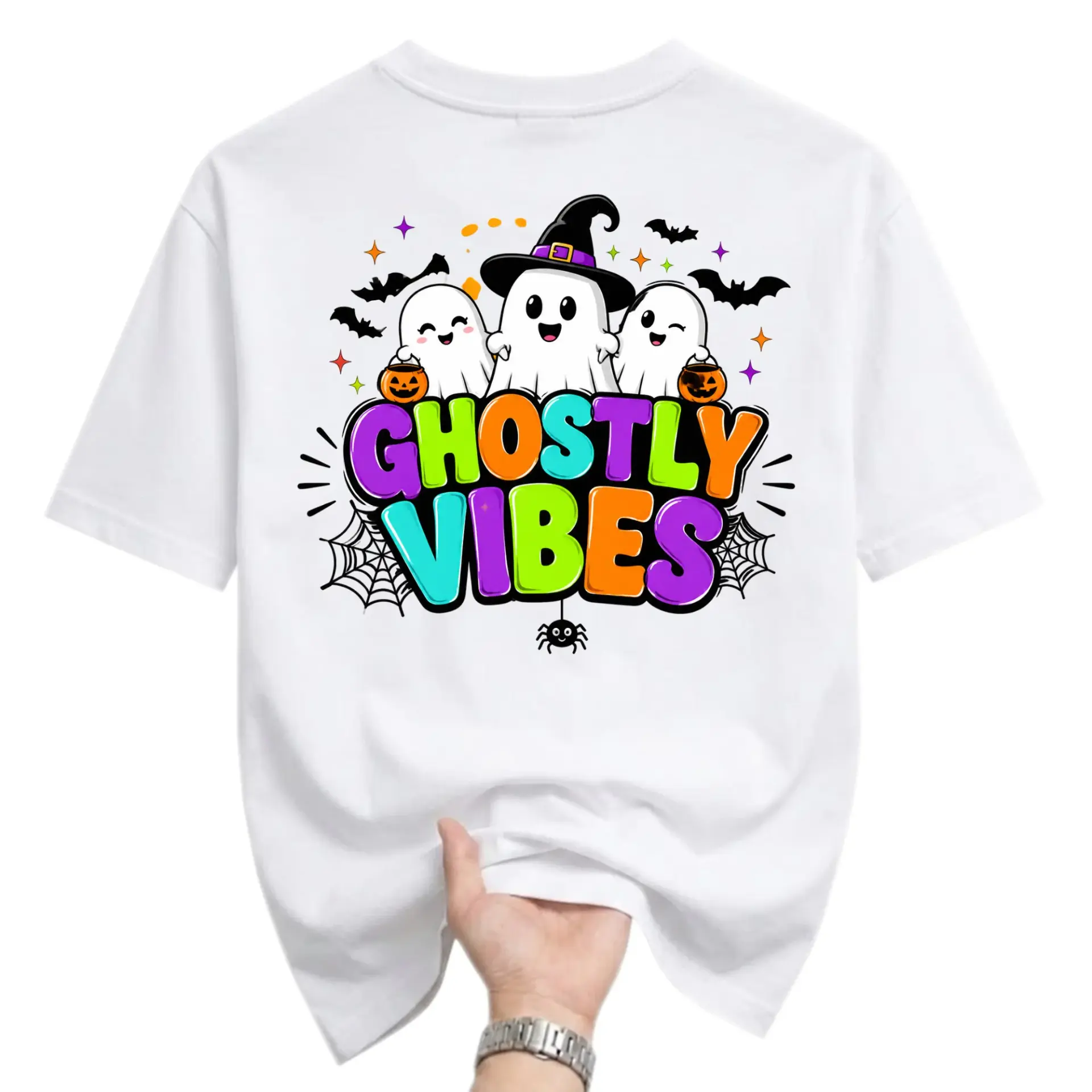 Graphic Tee Ghostly Vibes Halloween Shirt Cute Spooky Ghosts Unisex Crew Neck Cotton Blend Casual Holiday Top